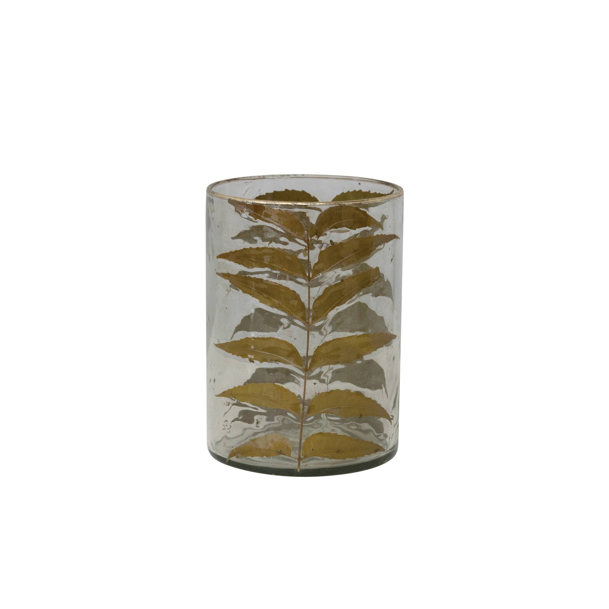 Hello Honey&#xAE; 6.5&#x22; Embedded Neem Leaves &#x26; Foil Edge Handblown Glass Hurricane