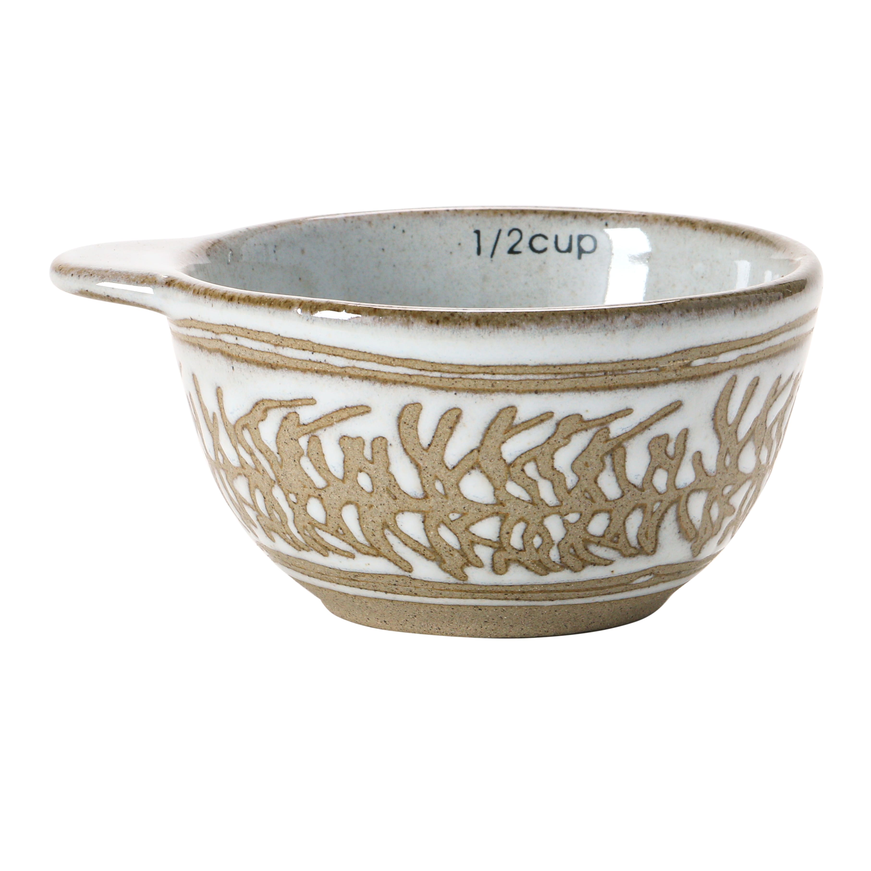 White &#x26; Tan Stoneware Measuring Cups with Wax Relief Pattern, 4ct.