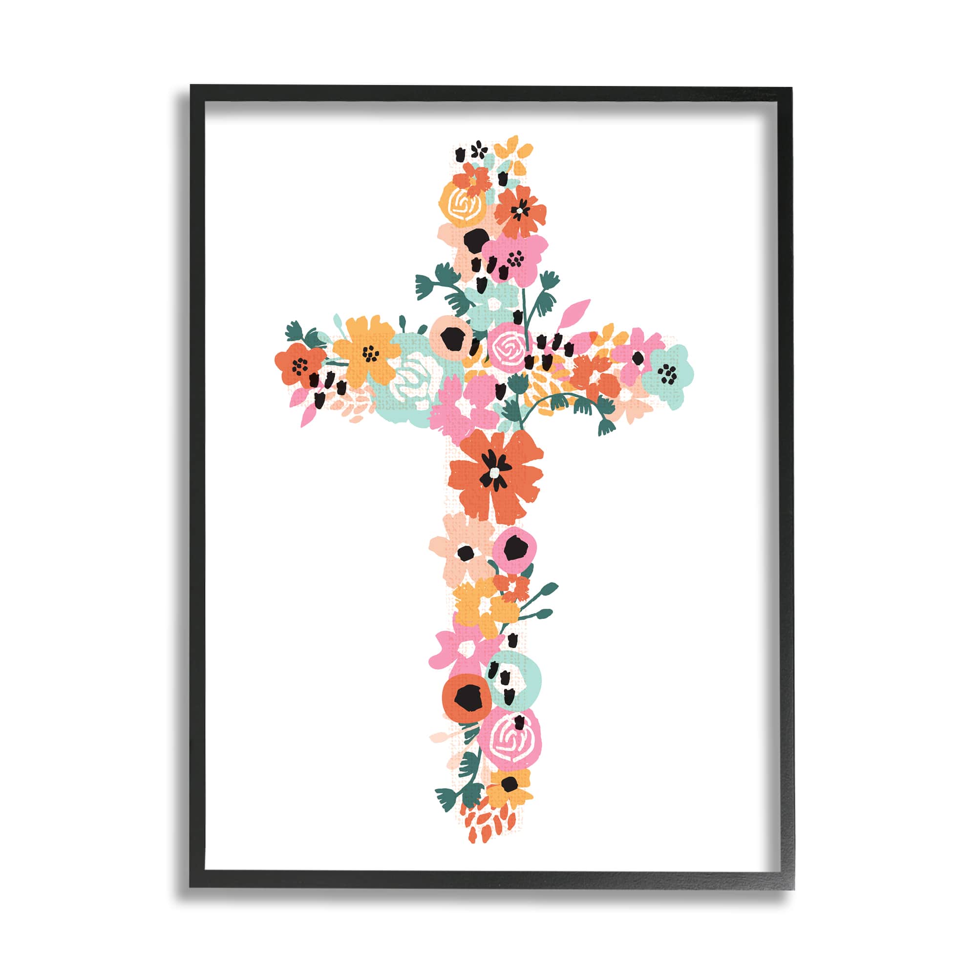 Stupell Industries Bold Flowers Cross Symbol Floral Arrangement Design Framed Giclee Art