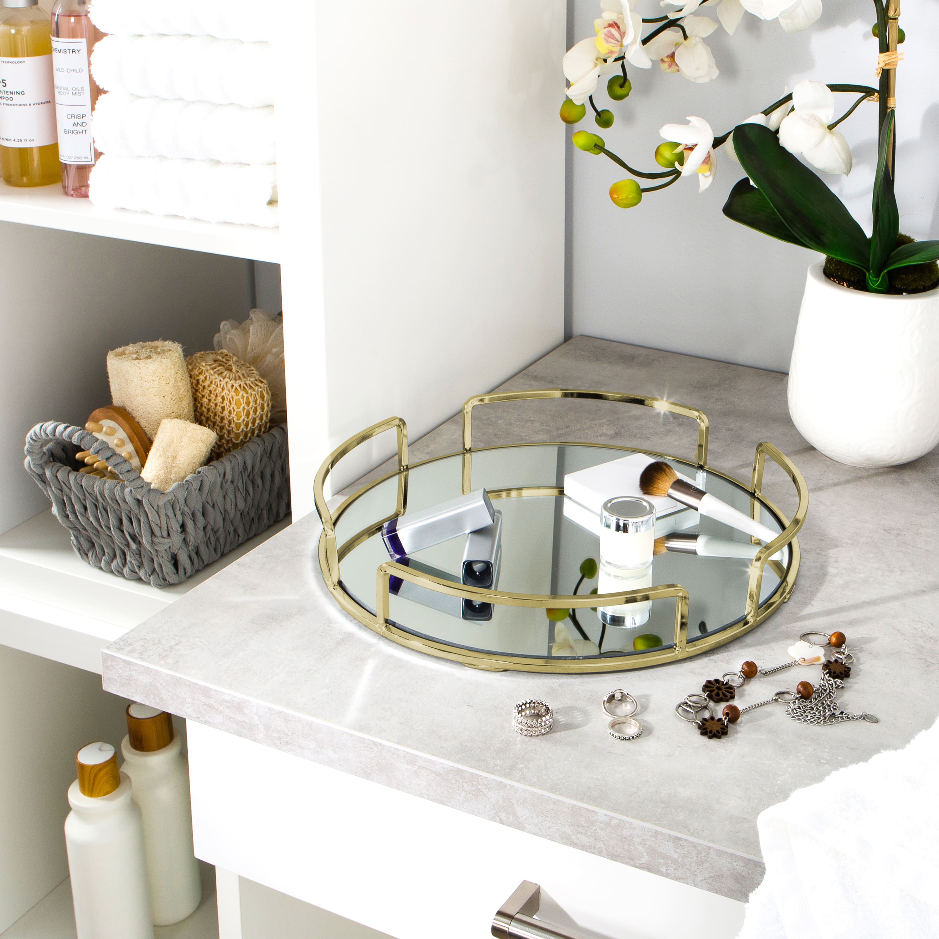 Home Details 13&#x22; Satin Gold Modern Round Mirror Vanity Tray