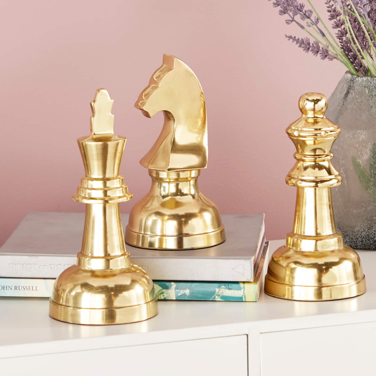 Large Metallic Gold Decorative Chess Piece Sculptures Table Decor, Set of 3, 4" x 4" x 9"