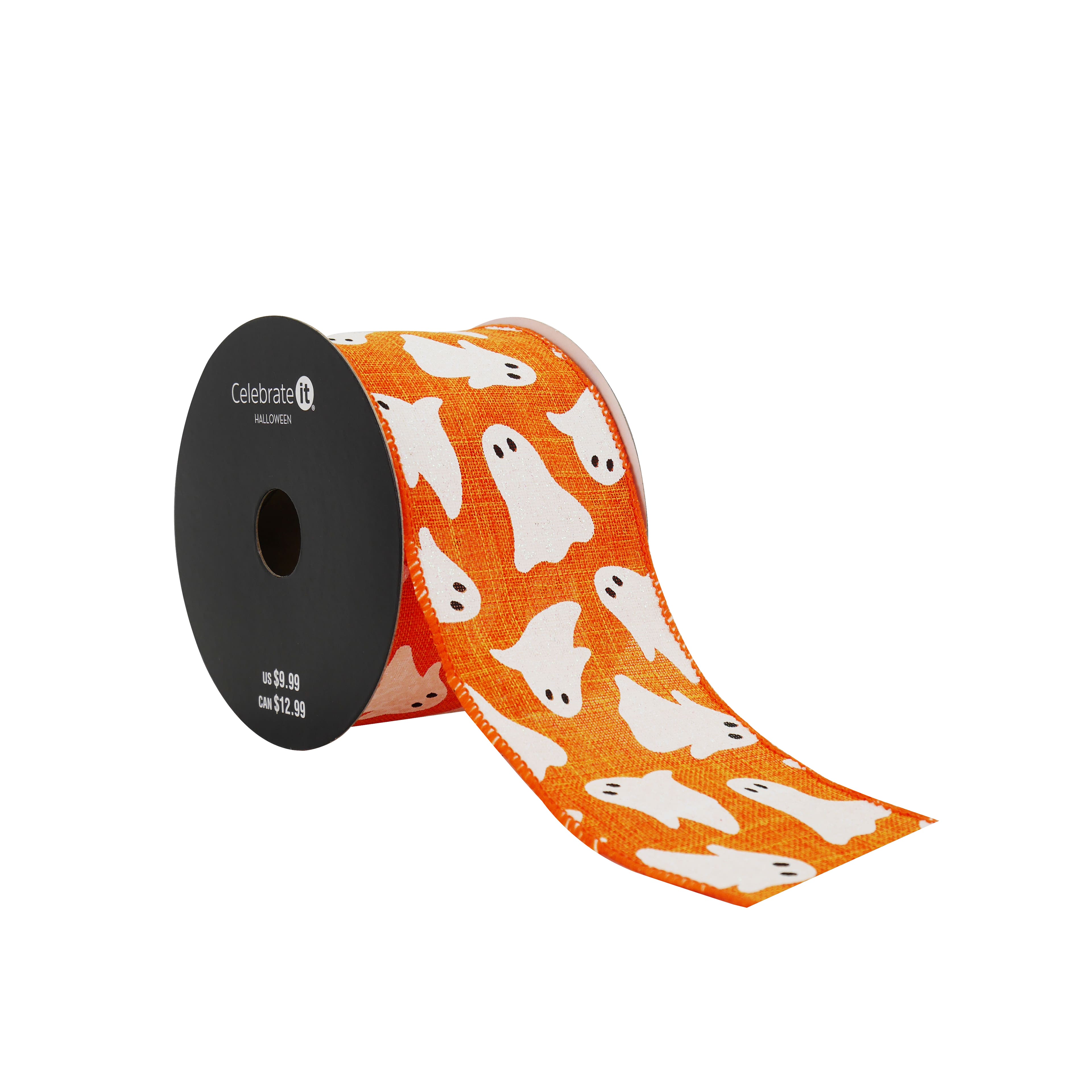 2.5&#x22; x 20ft. Orange &#x26; White Ghosts Wired Faux Linen Ribbon by Celebrate It&#xAE; Halloween