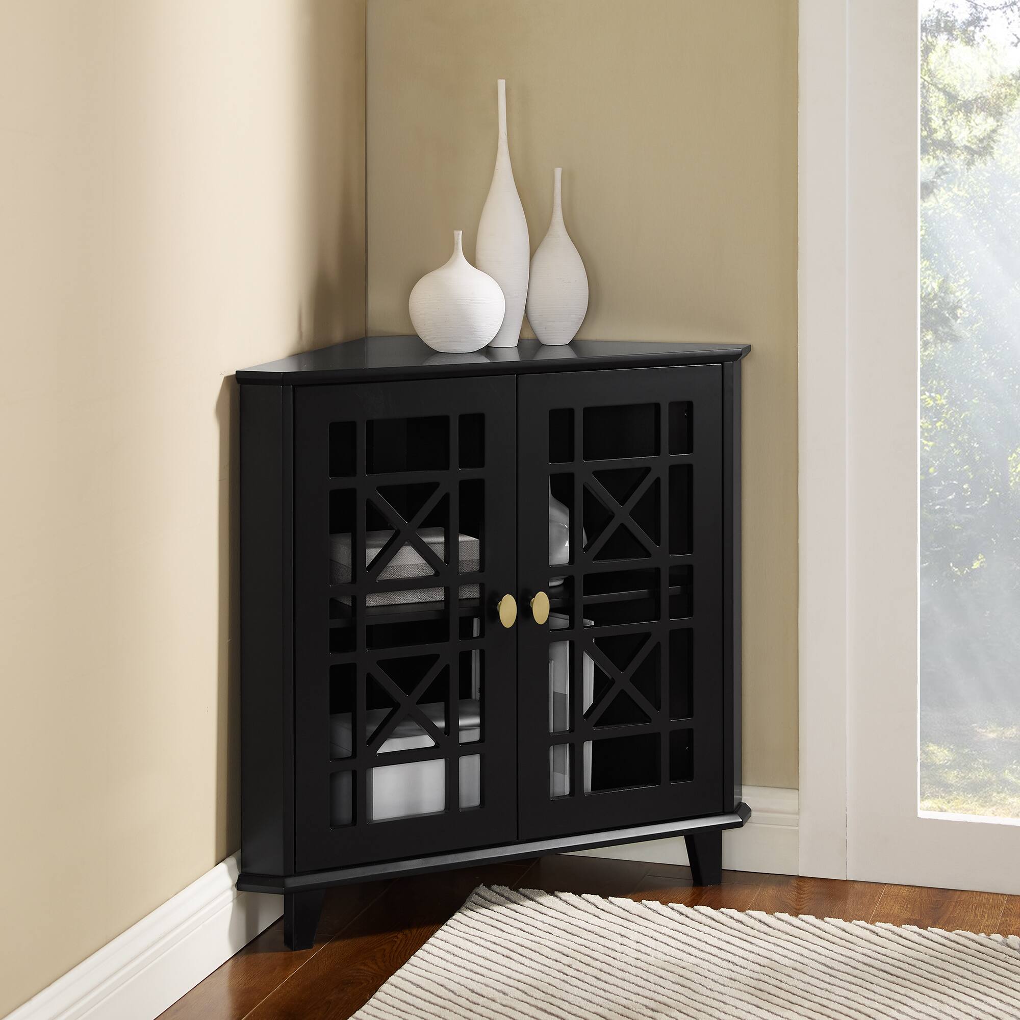 Walker Edison 30&#x22; Black Fretwork Corner Accent Cabinet