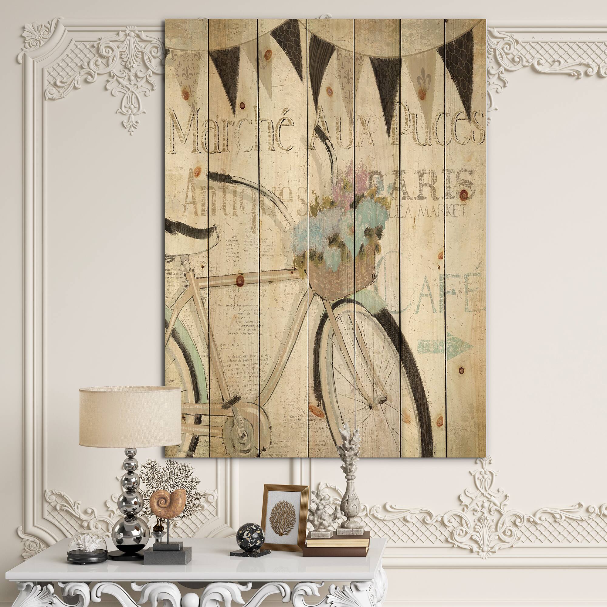 Designart - French Bicycle Flea Market I - French Country Print on Natural Pine Wood