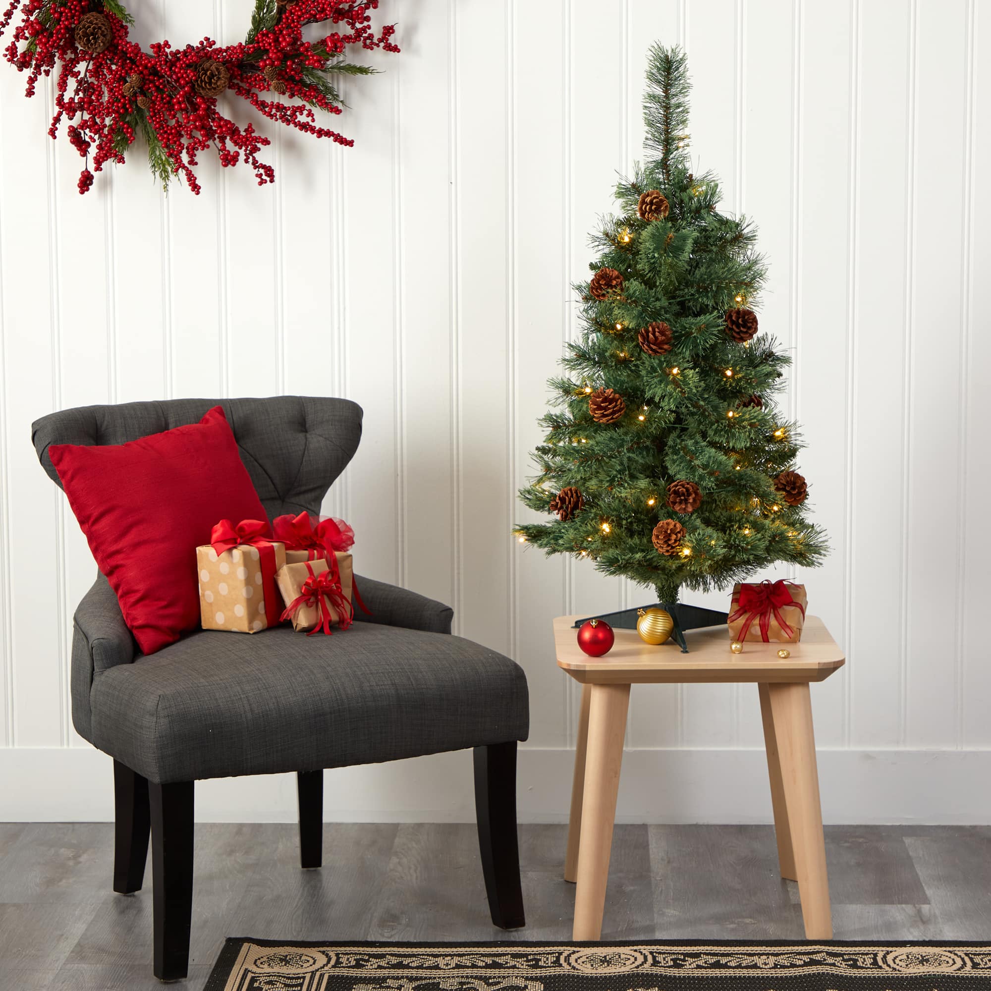 3ft. Pre-Lit White Mountain Pine &#x26; Pinecones Artificial Christmas Tree with Clear LED Lights