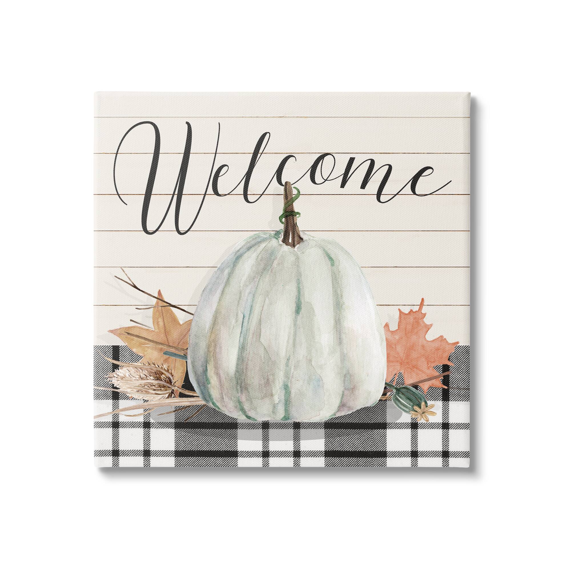 Stupell Industries Welcome Plaid Pumpkin Sign Canvas Wall Art