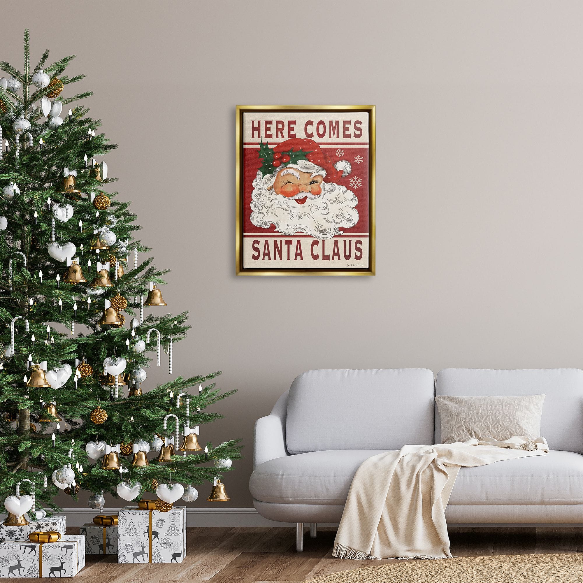 Stupell Industries Here Comes Santa Claus Smiling Vintage Framed Floater Canvas Wall Art