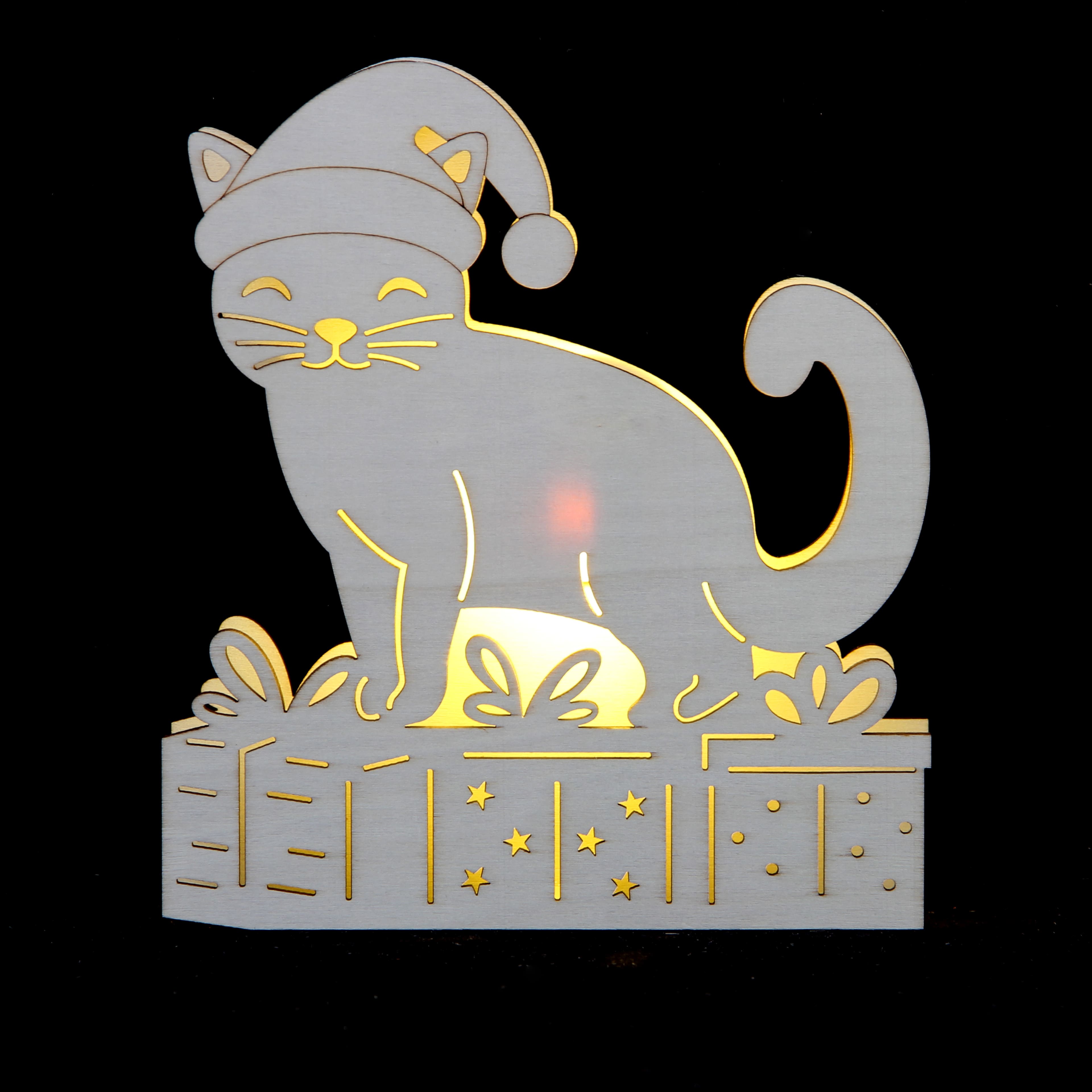 7&#x22; Unfinished Cat in Santa Hat DIY LED Wood D&#xE9;cor by Make Market&#xAE;