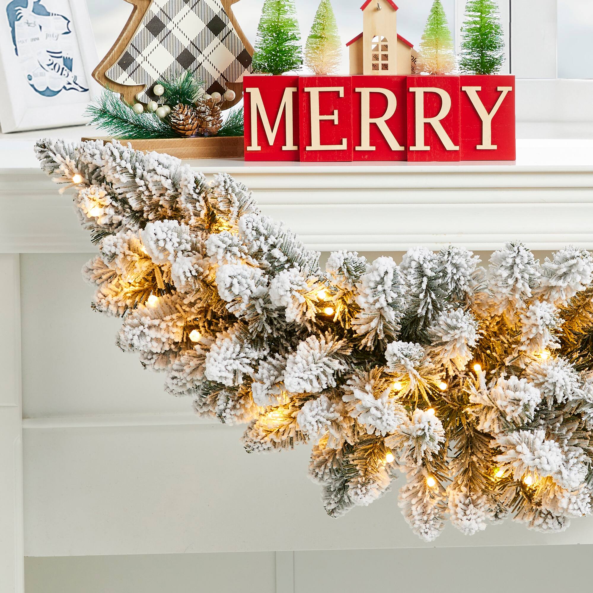 Glitzhome® 36" Pre-Lit Snow Flocked Christmas Swag with LED Lights