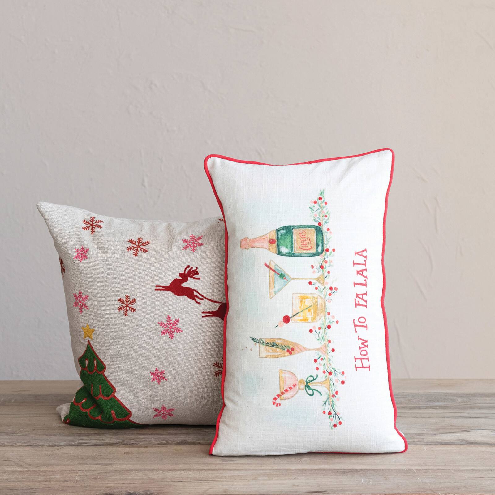 Hello Honey&#xAE; 18&#x22; Embroidered Tree &#x26; Snowflakes with Reindeer Linen Throw Pillow