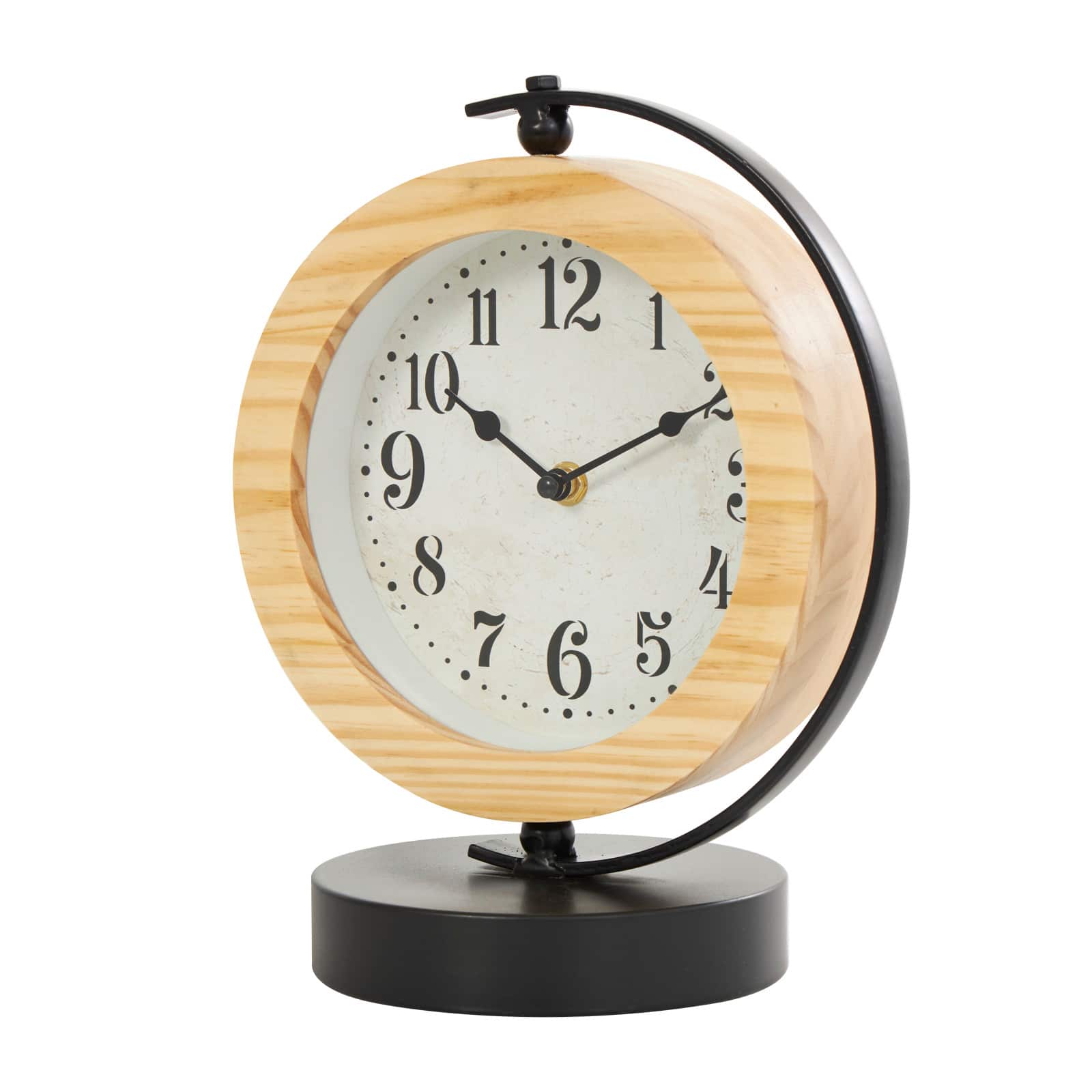 11" Light Brown Wood Clock with Curved Black Metal Stand & Base