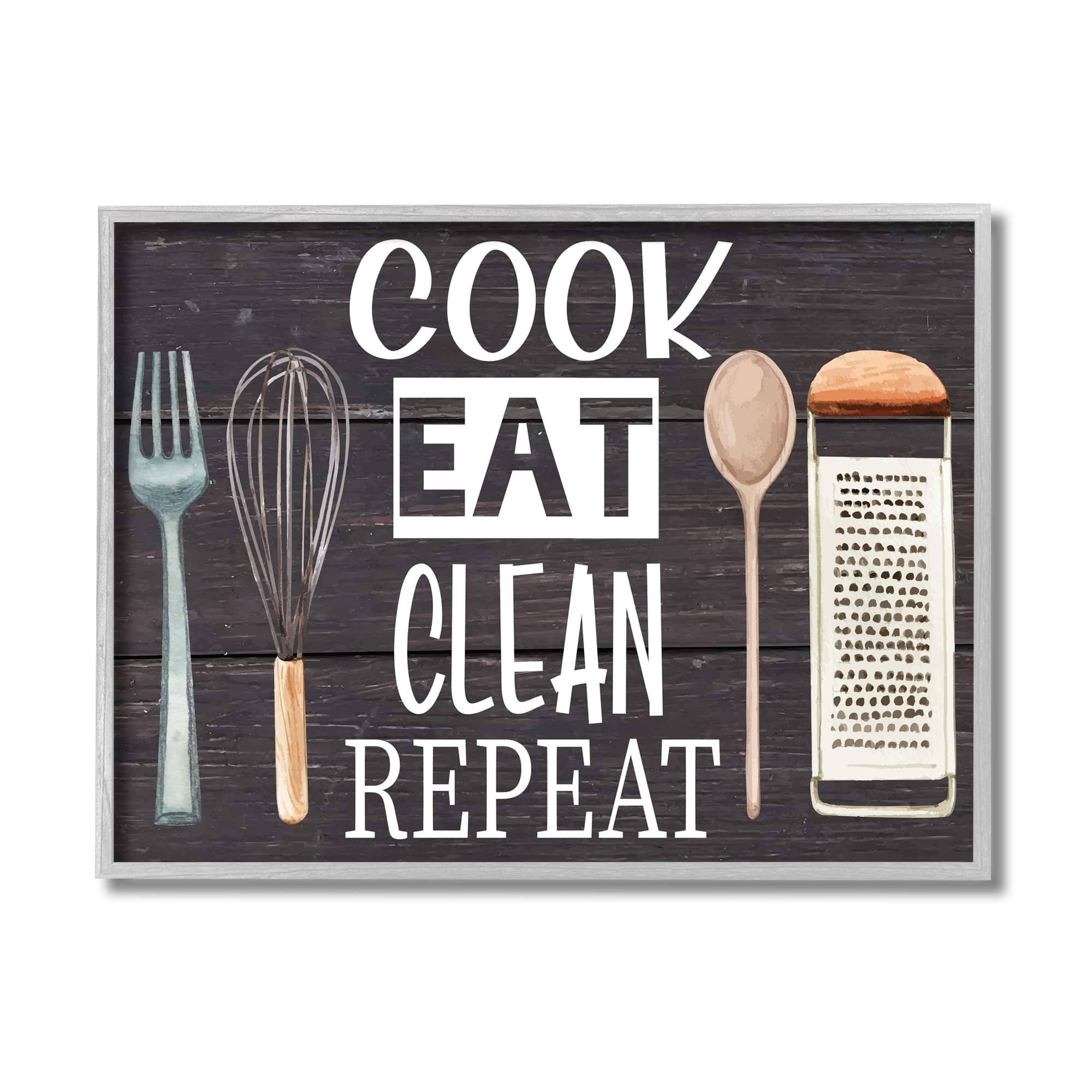 Stupell Industries Cook Eat Clean Humorous Quote Rustic Kitchenware in Gray Frame Wall Art