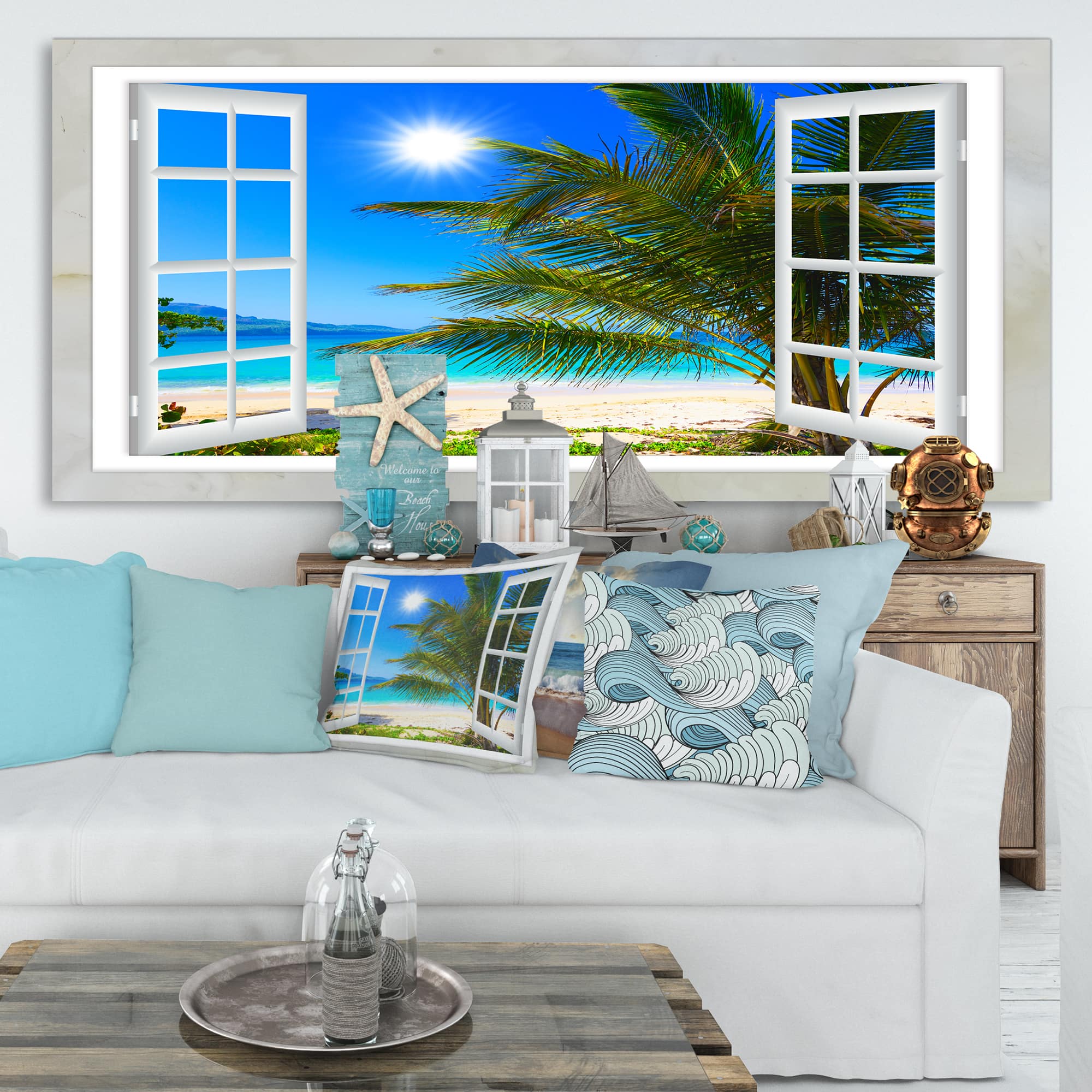 Designart - Window Open to Beach with Palm - Extra Large Seashore Canvas Art
