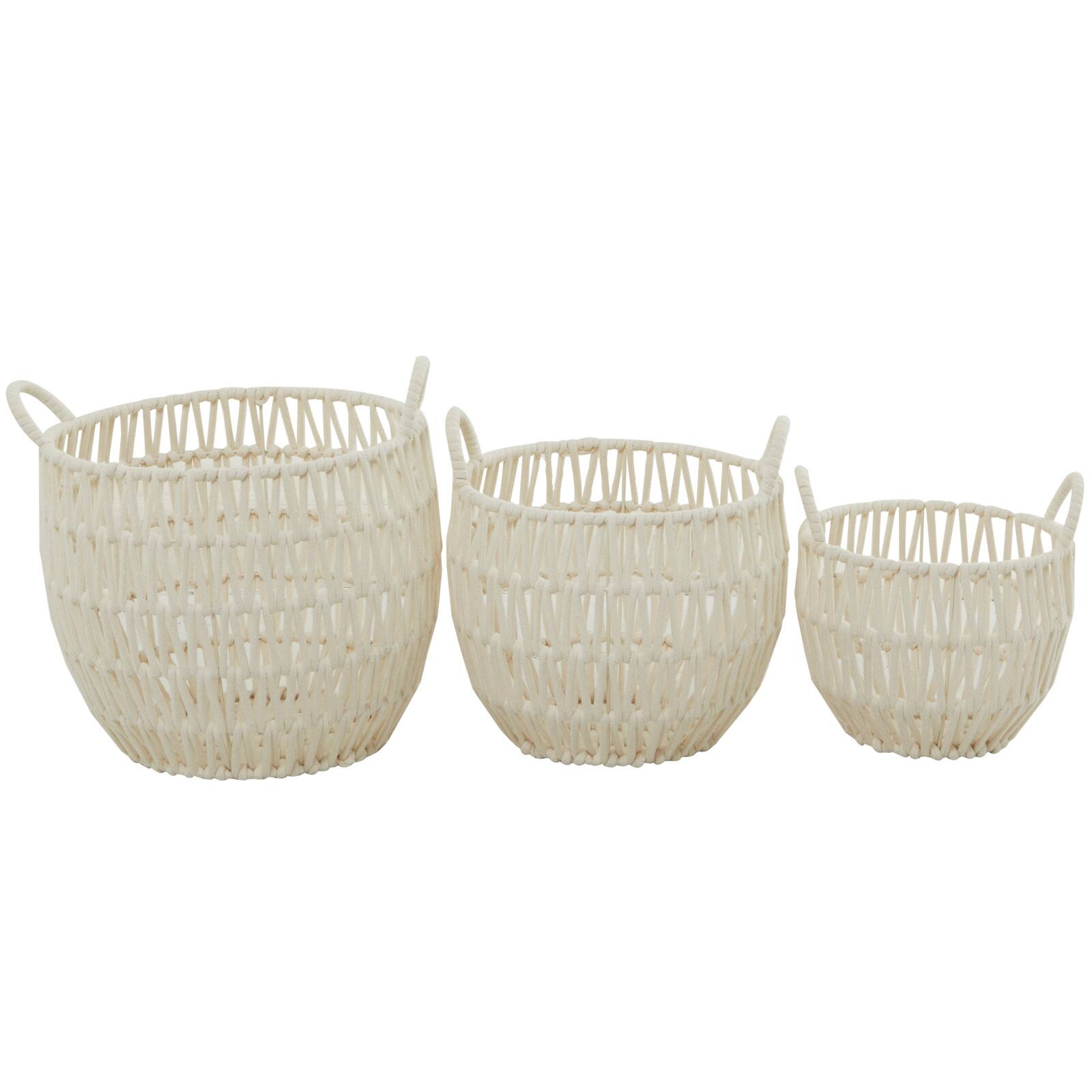 White Cotton Handmade Storage Basket with Handles Set of 3 14", 12", 10"