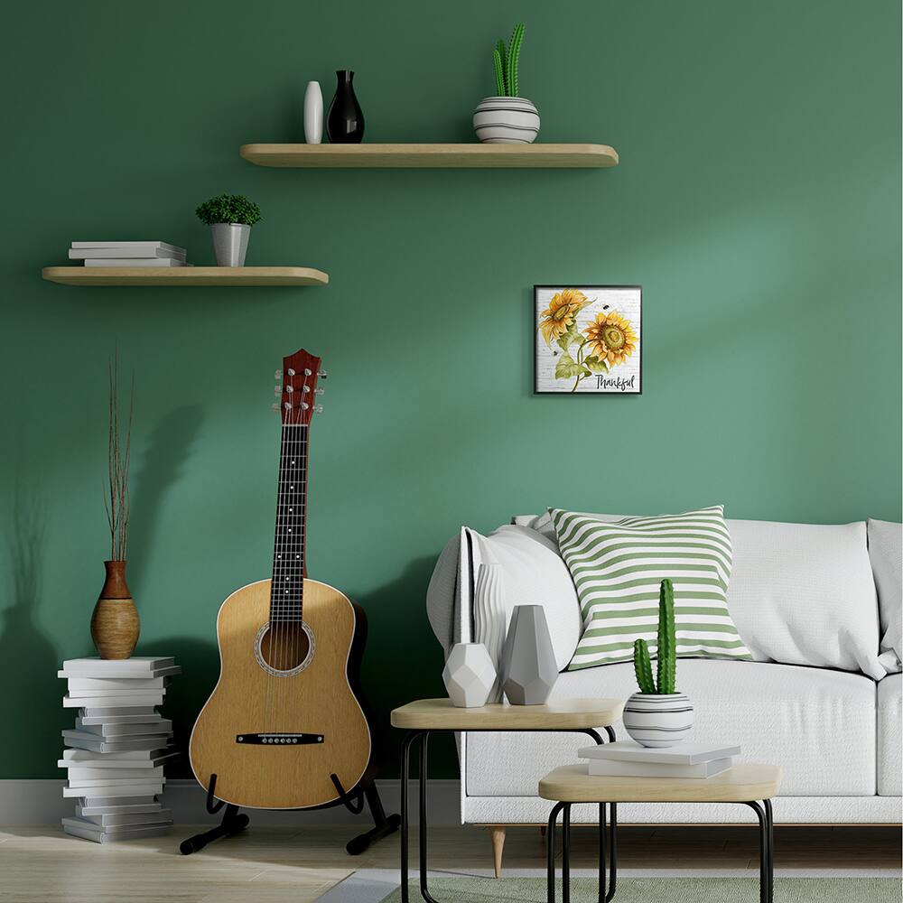 Stupell Industries Thankful Text Country Sunflowers Bumble Bees Framed Wall Art