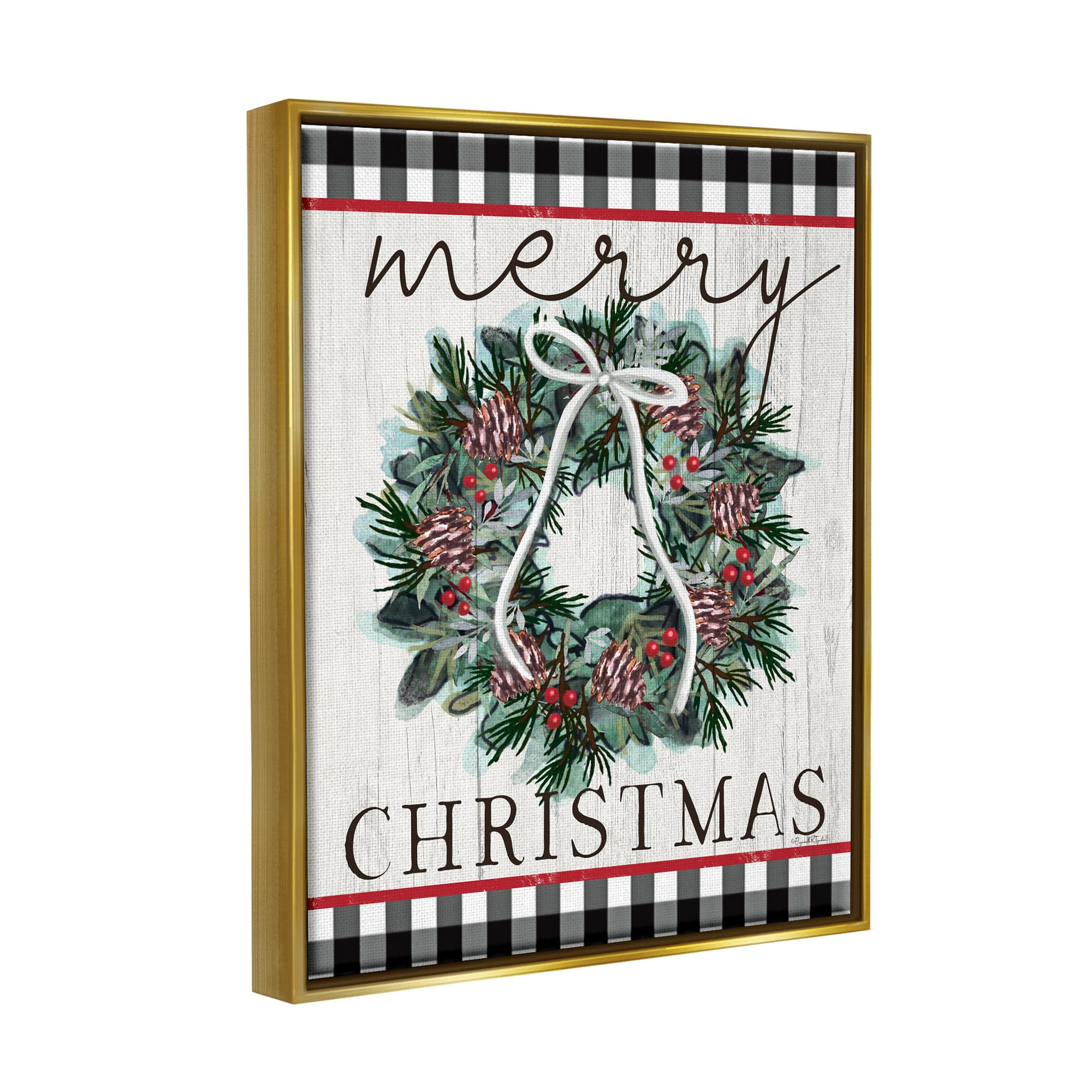 Stupell Industries Merry Christmas Tartan Wreath Framed Floater Canvas Wall Art