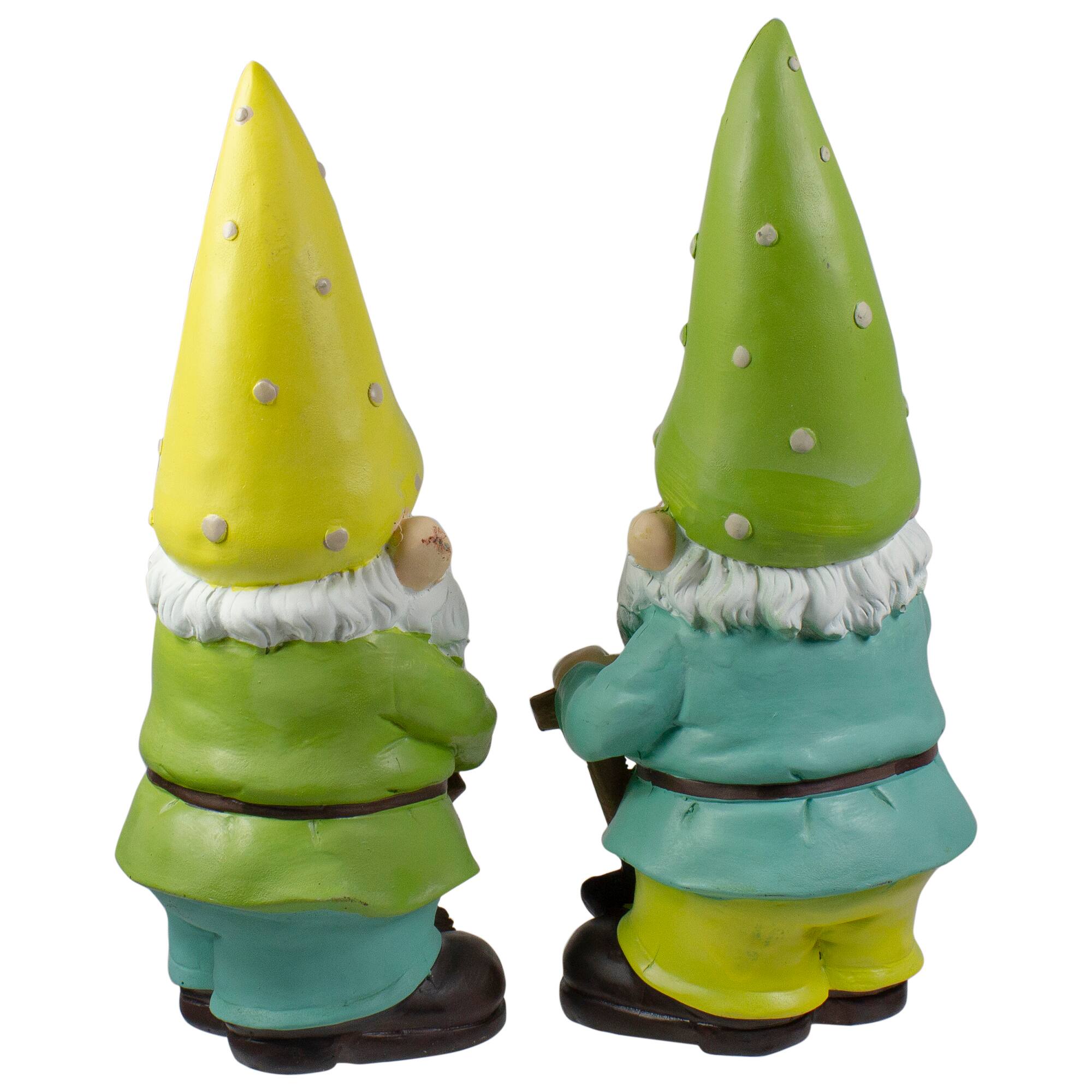 12.25" Green & Yellow Gnome Outdoor Garden Statue Set