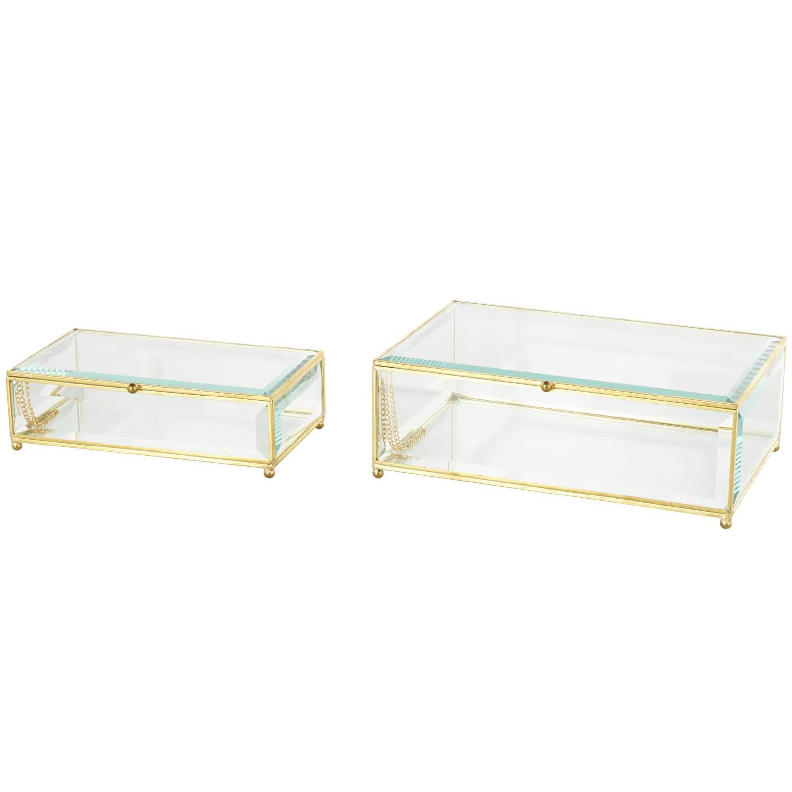 Clear & Gold Beveled Glass & Metal Rectangle Footed Jewelry Box with Chain Accent Set
