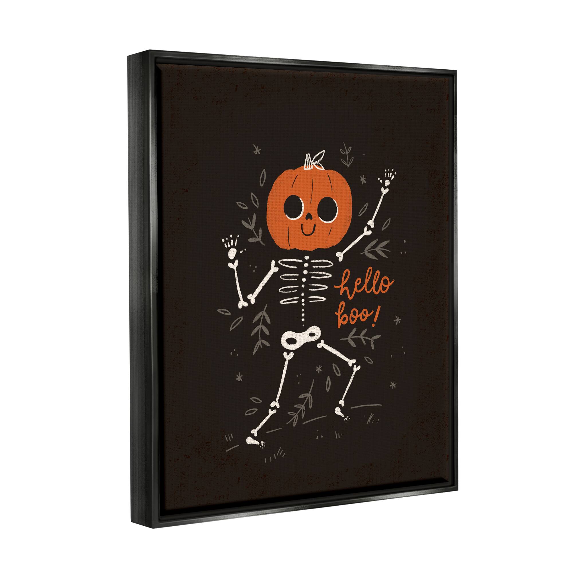 Stupell Industries Hello Boo Halloween Smiling Skeleton Framed Floater Canvas Wall Art