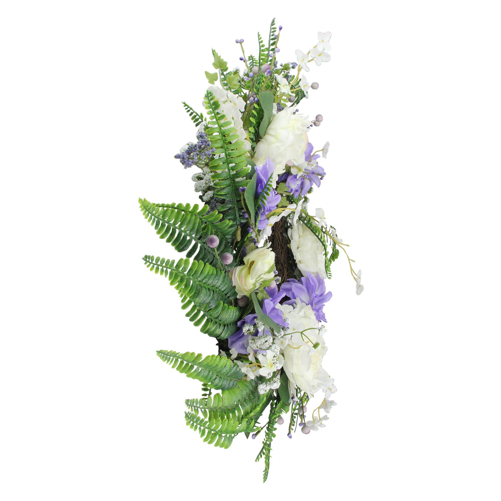 22" Purple & White Peony & Daisy Assorted Foliage Artificial Spring Wreath