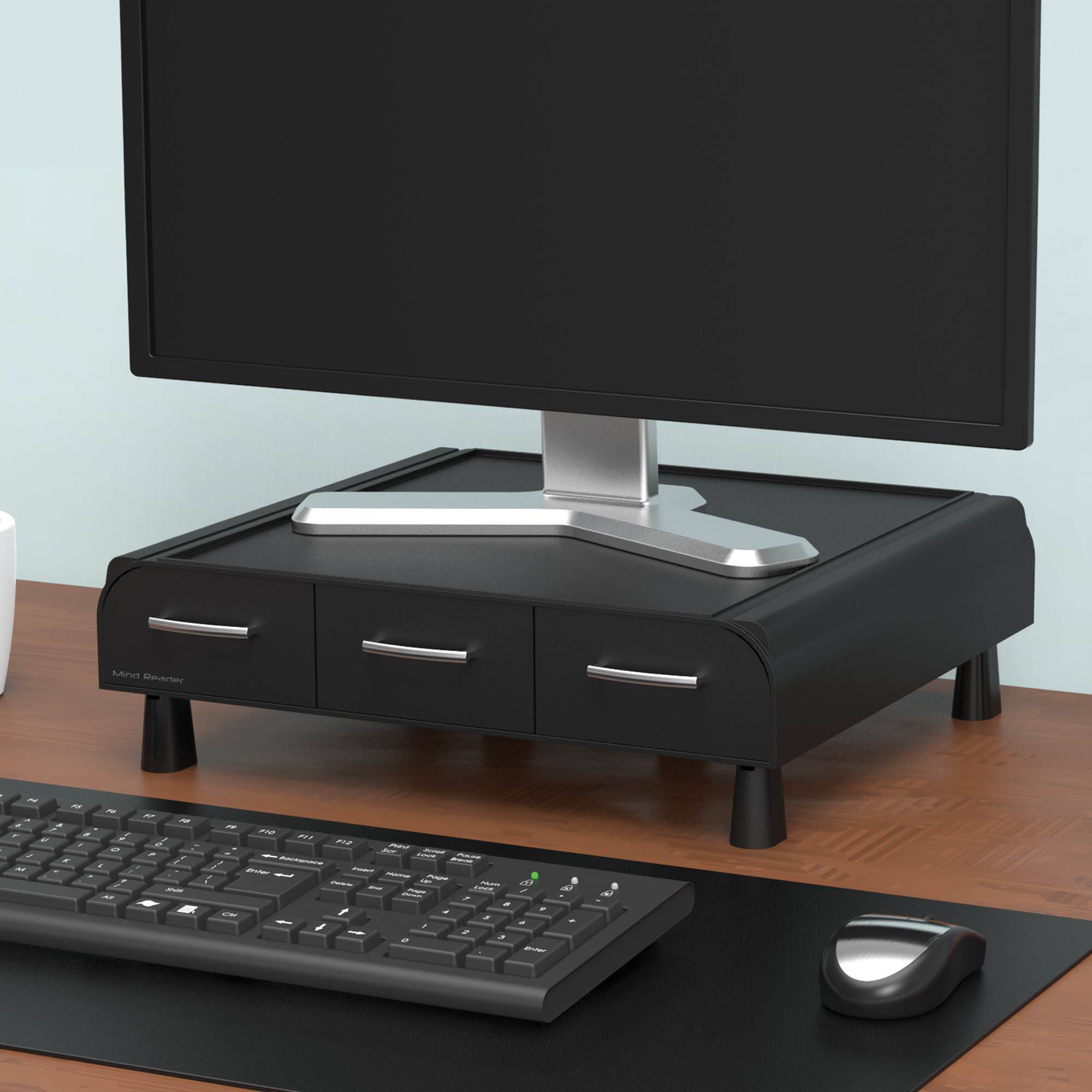 Mind Reader Black Monitor Stand &#x26; 3 Draw Desk Organizer Storage Set