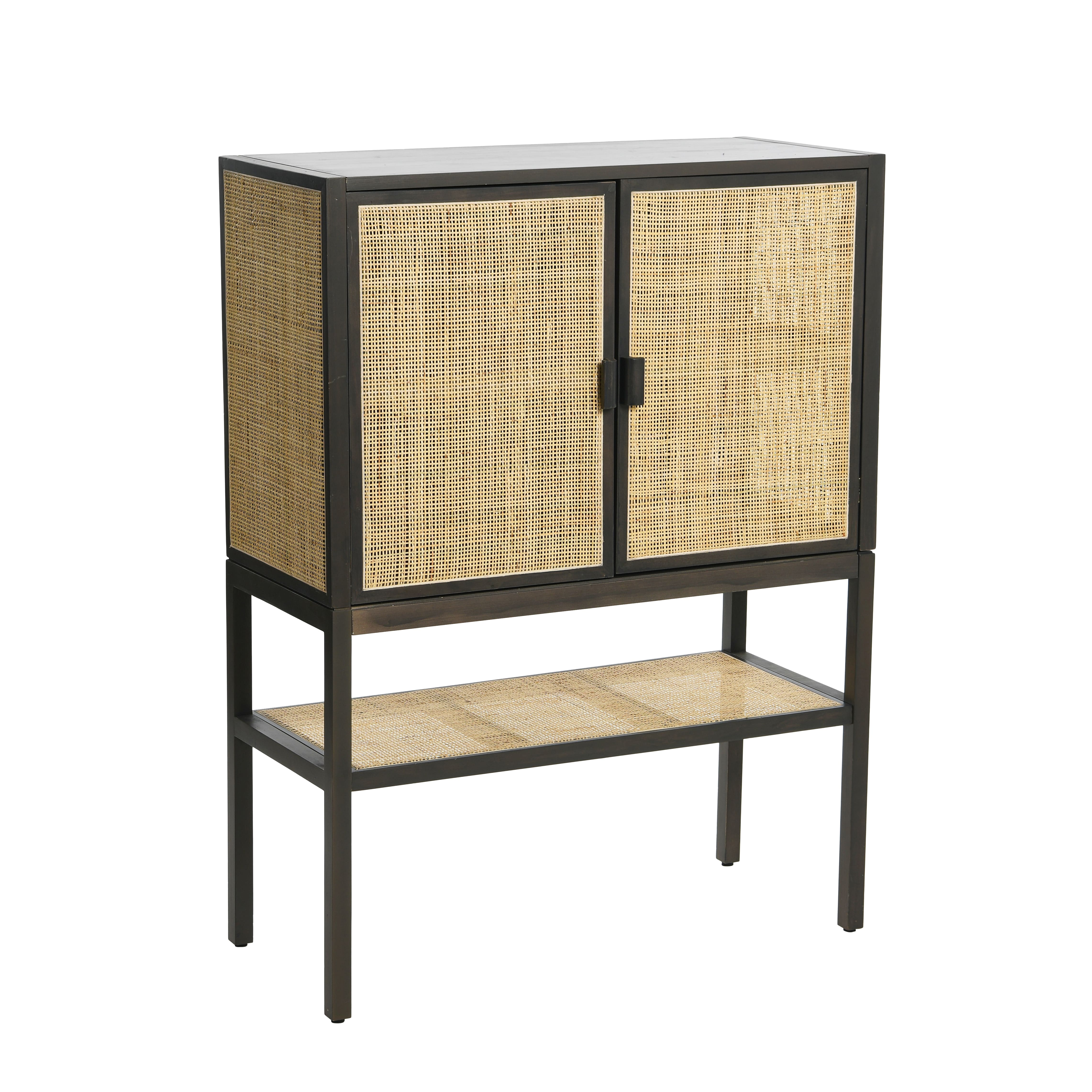 47" Boho Woven Rattan and Wood Cabinet with Doors, Shelf, and Interior Storage Compartments