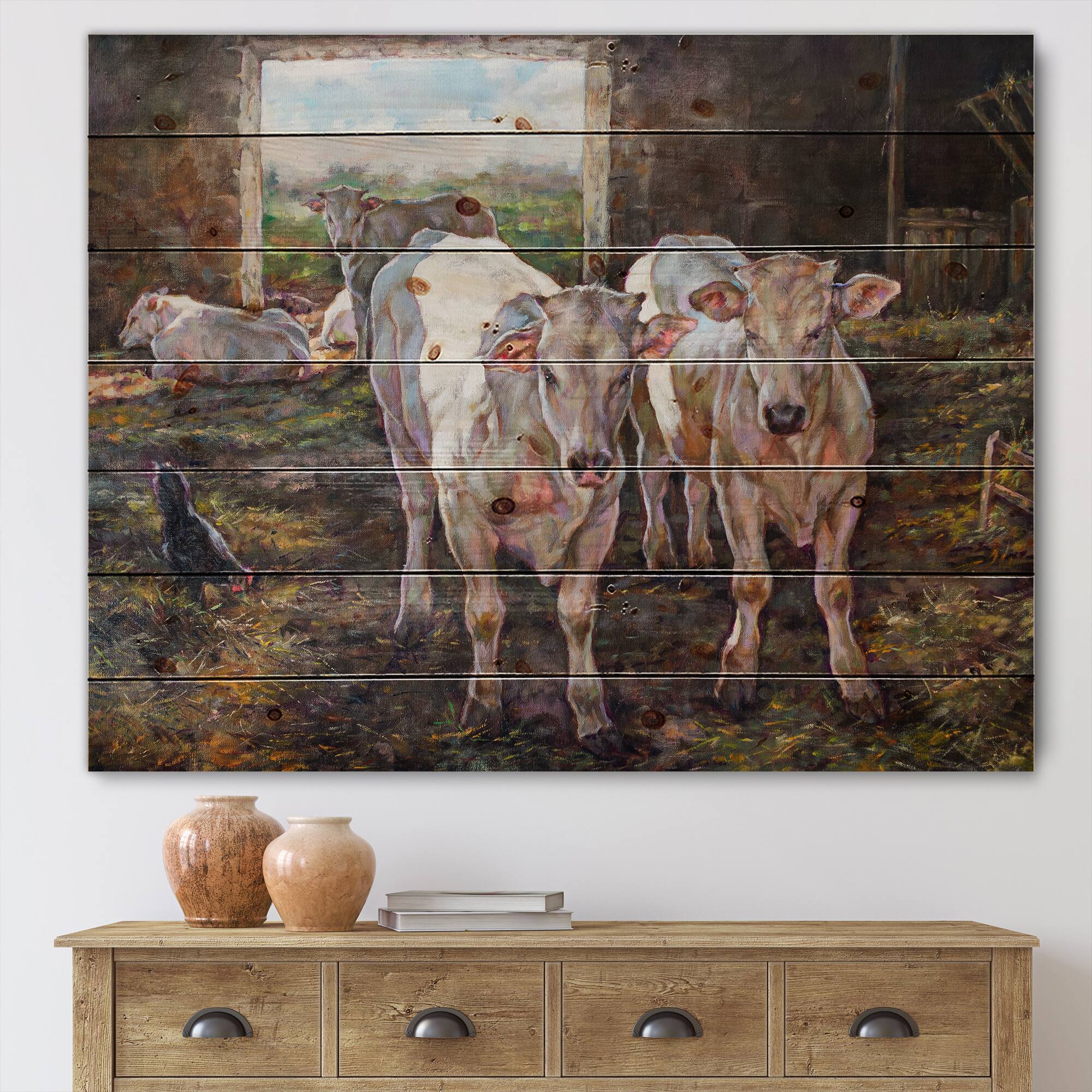 Designart - Two Cows In The Stable - Farmhouse Print on Natural Pine Wood