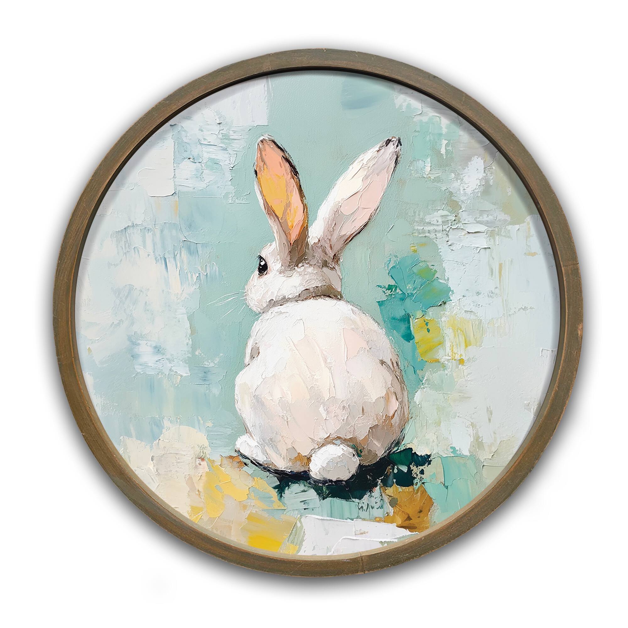 20&#x22; Palette Knife Painted Bunny Wall Art in Round Frame