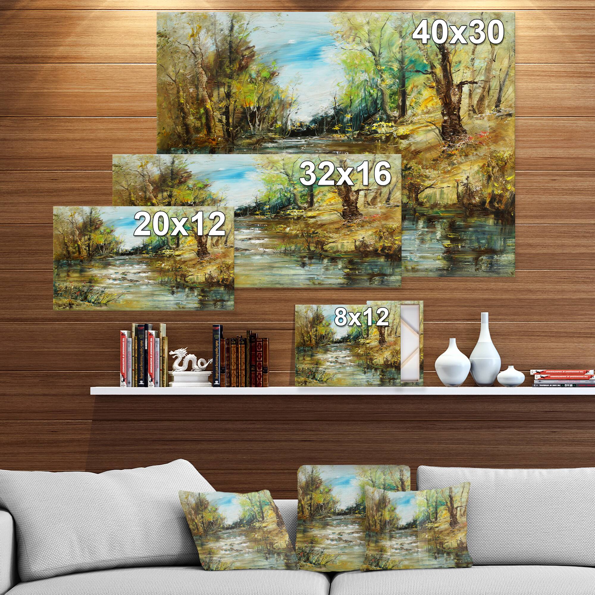 Designart - Trees by the River - Landscapes Painting Print on Wrapped Canvas