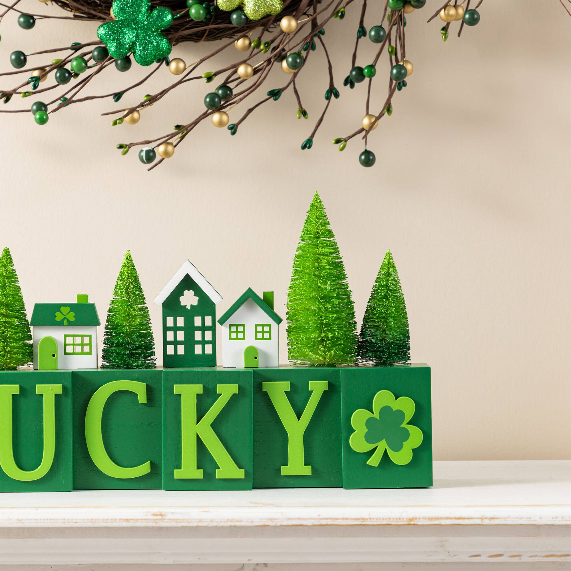 Glitzhome® 14" St. Patrick's Wooden House and Brush Trees "LUCKY" Table Decor