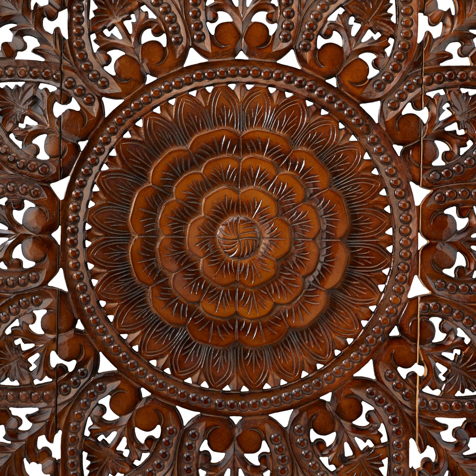 Brown Wood Handmade Intricately Carved Floral Wall Decor with Mandala Design Set of 3 22&#x22;, 48&#x22;