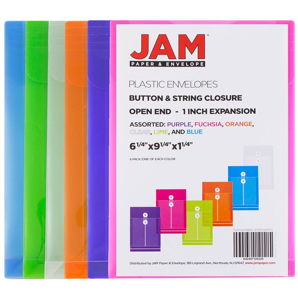 JAM Paper 6.25&#x22; x 9.25&#x22; Assorted Button &#x26; String Tie Closure Plastic Envelopes, 6ct.