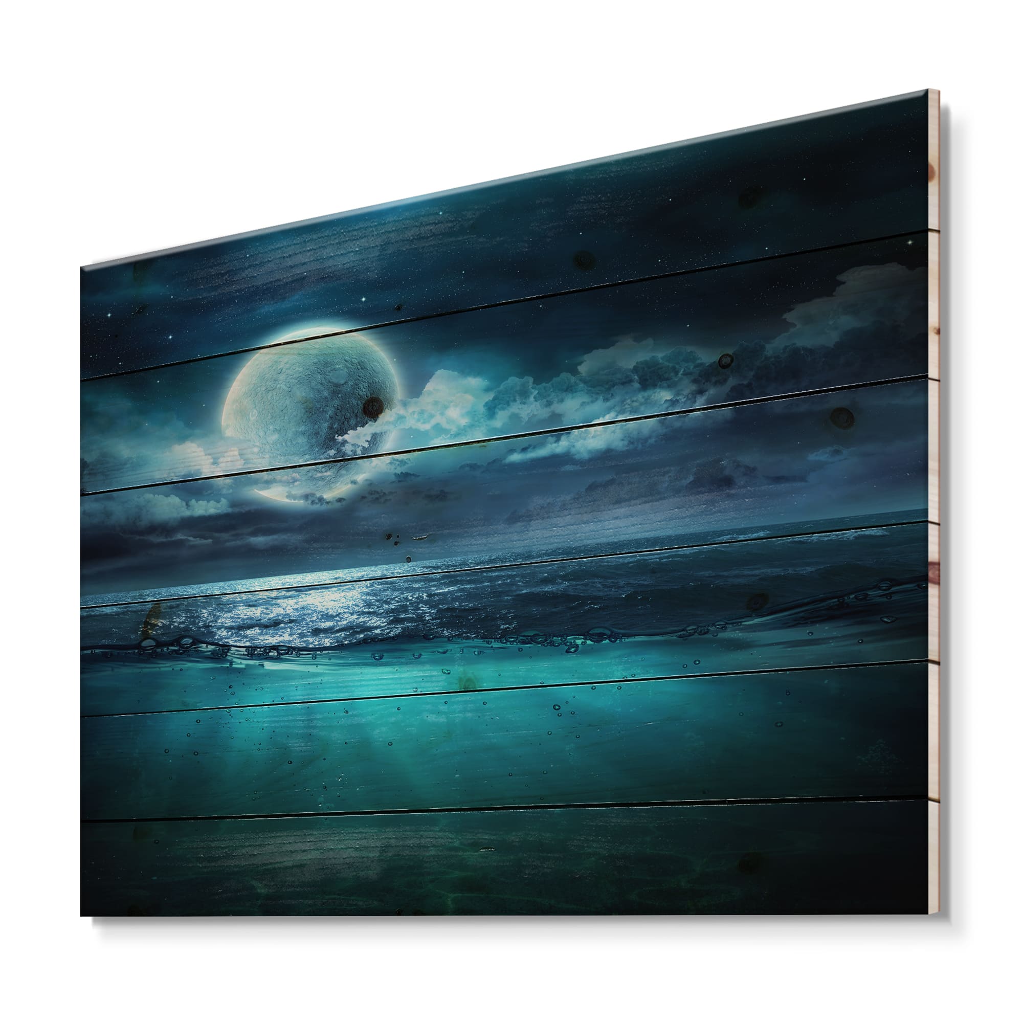 Designart - Romantic Moon Over Deep Blue Sea II - Nautical &#x26; Coastal Print on Natural Pine Wood