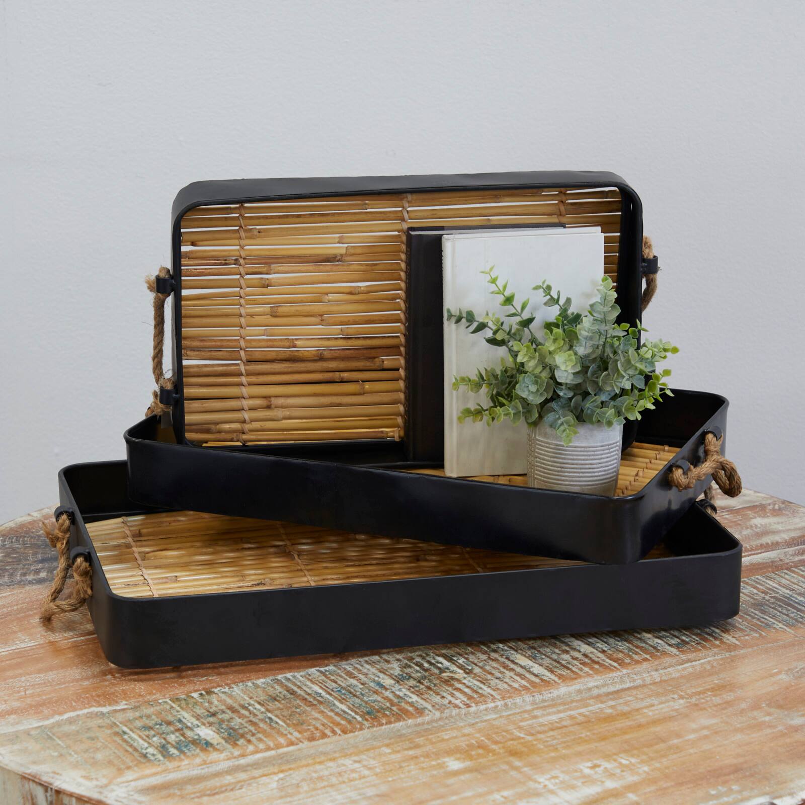 The Novogratz Light Brown Rattan Handmade Slatted Base Tray Set