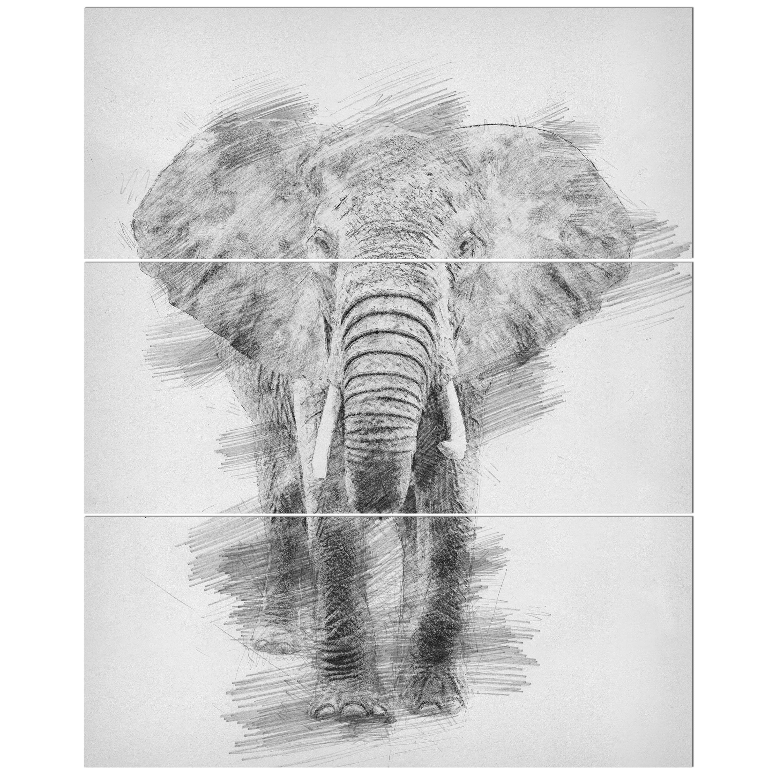 Designart - Black and White Elephant Pencil ketch - Animals Painting Print on Wrapped Canvas set