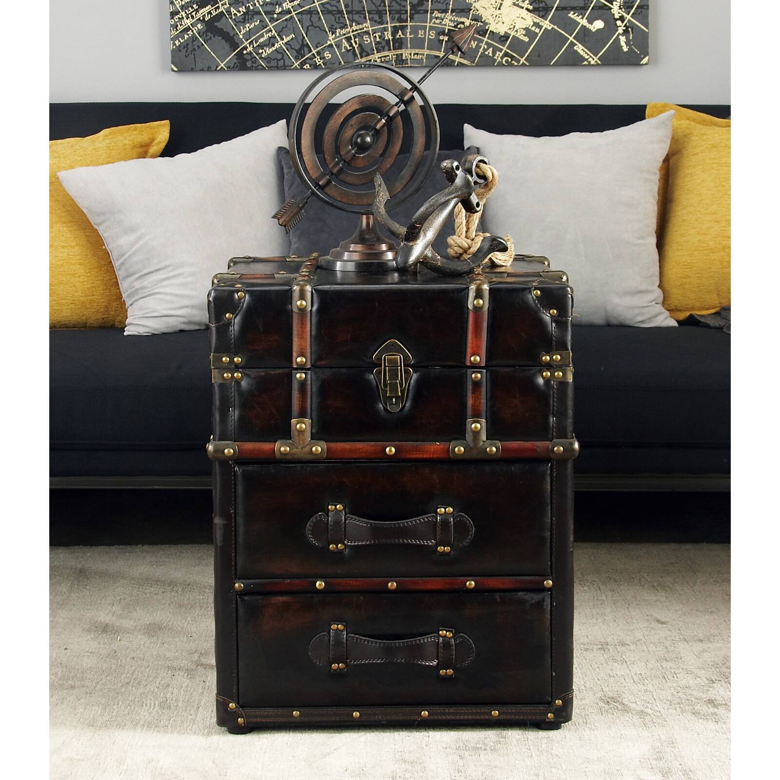 23&#x22; Dark Brown Faux Leather &#x26; Wood Traditional Cabinet