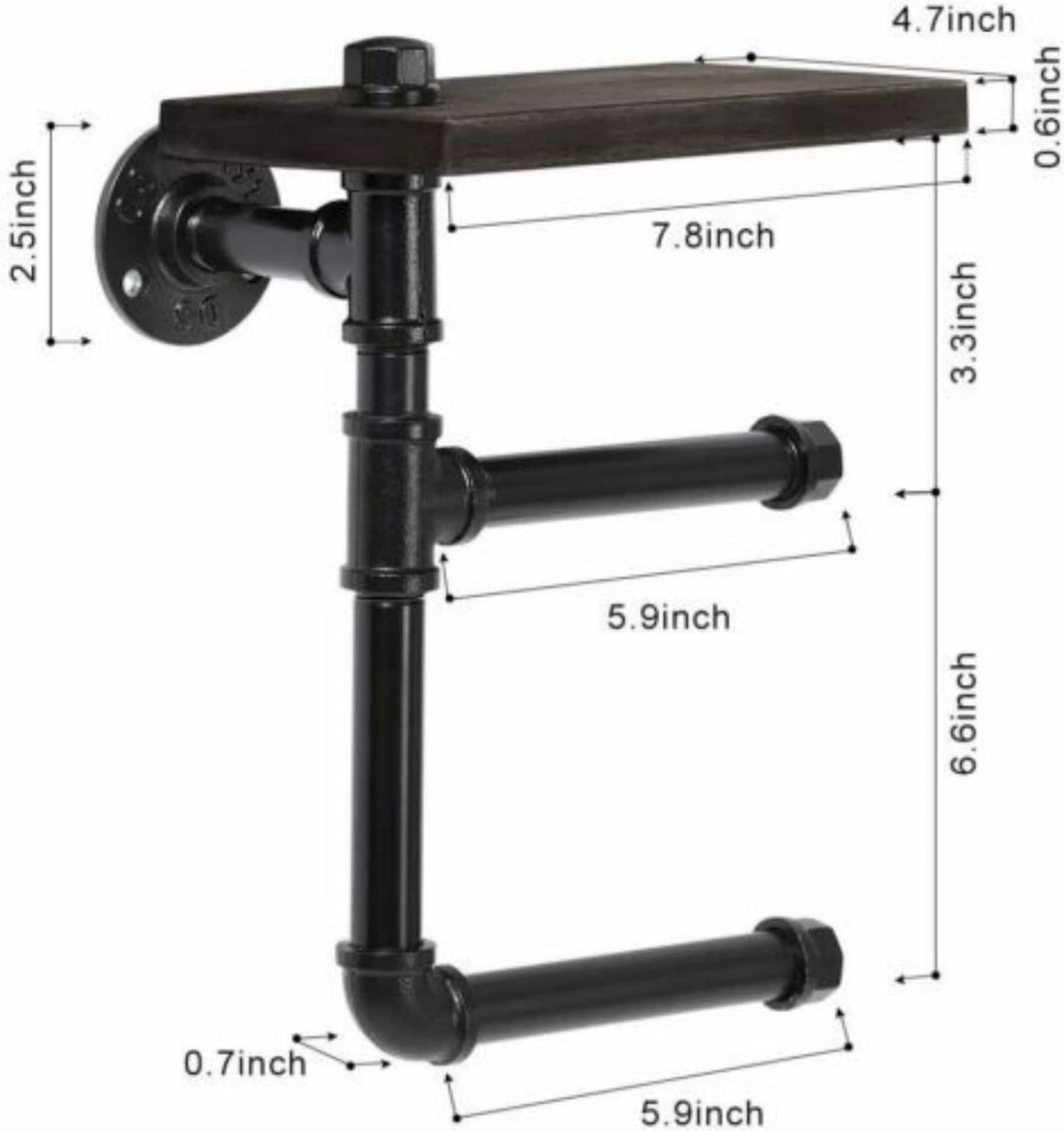 Black Wall-Mounted Double Toilet Paper Holder with Wooden Shelf