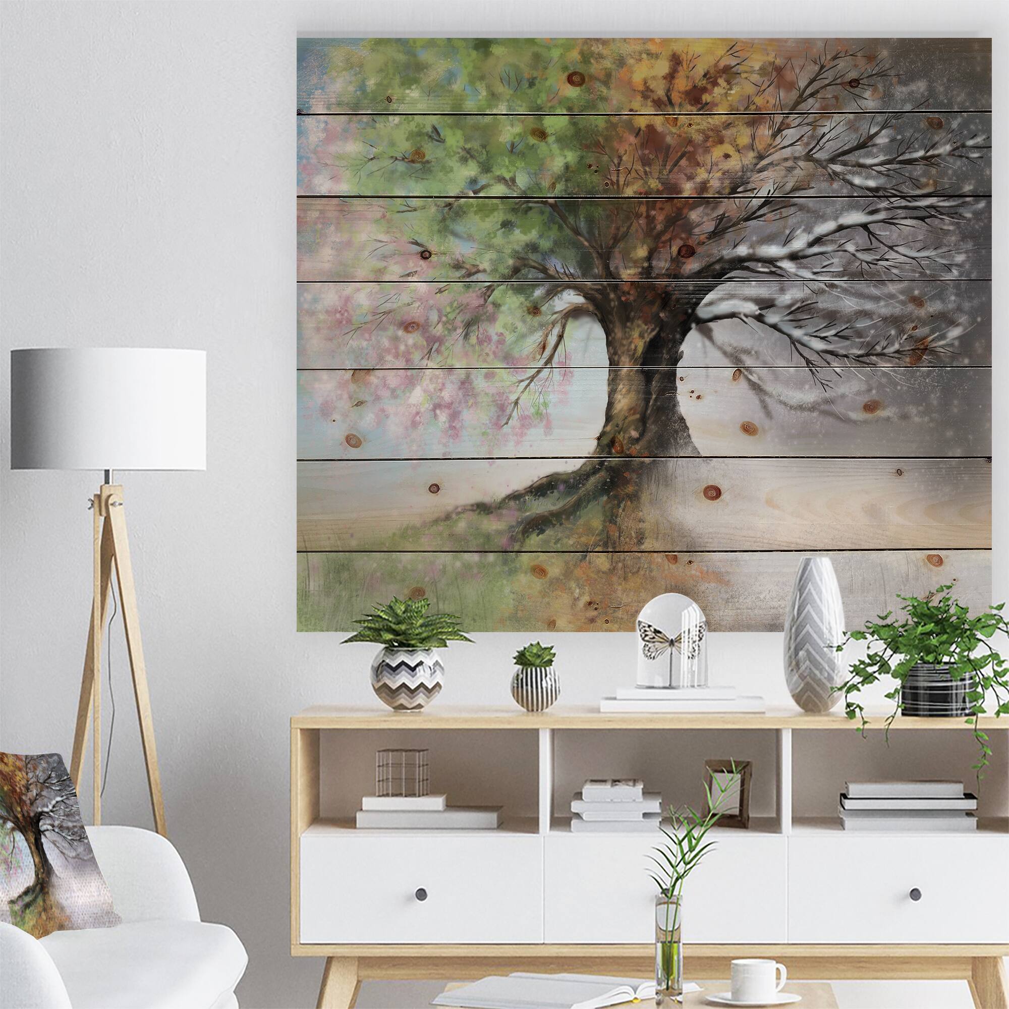 Designart - Tree with Four Seasons - Tree Painting Print on Natural Pine Wood