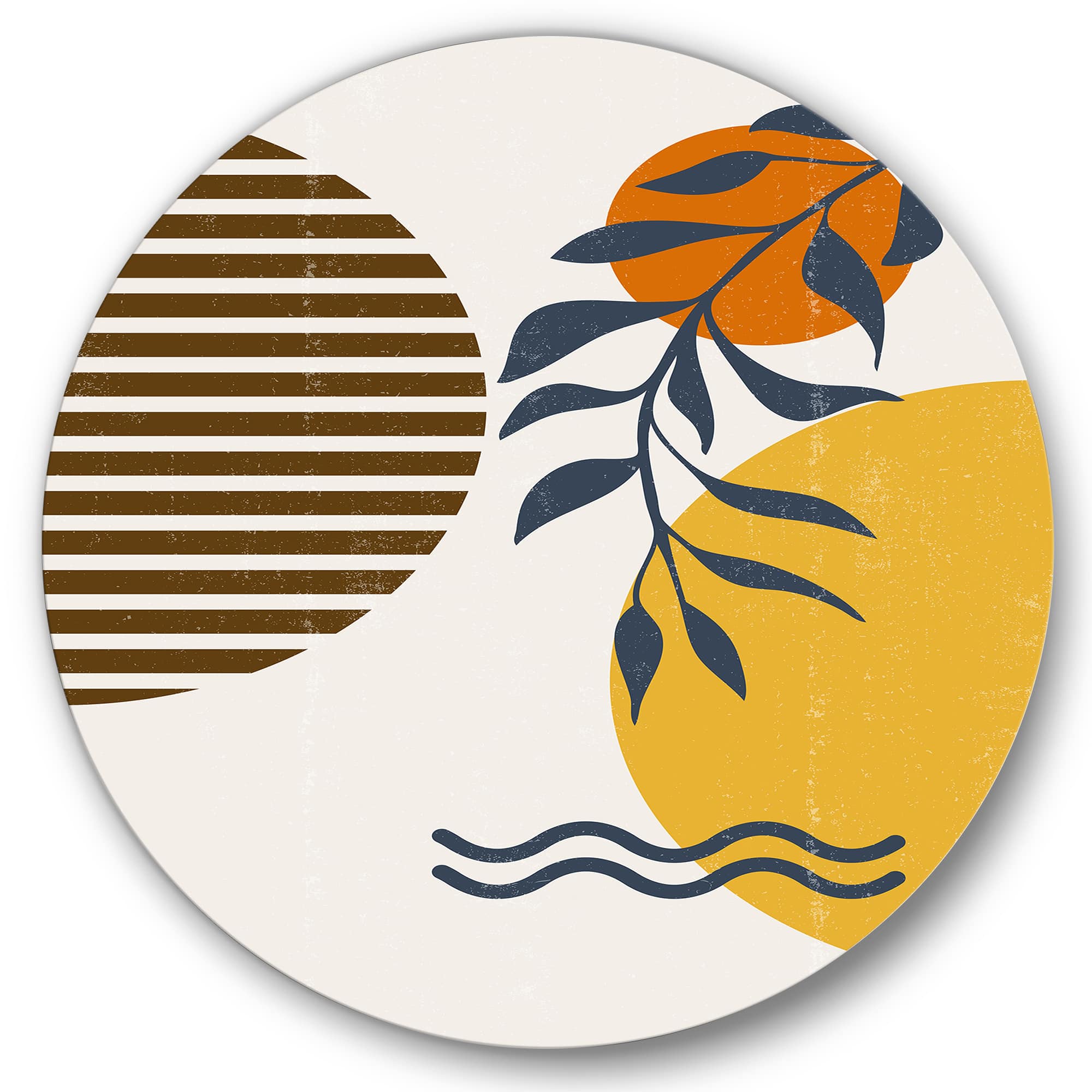 Designart - Botanical Minimalist Leaf With Abstract Shapes I - Modern Metal Circle Wall Art