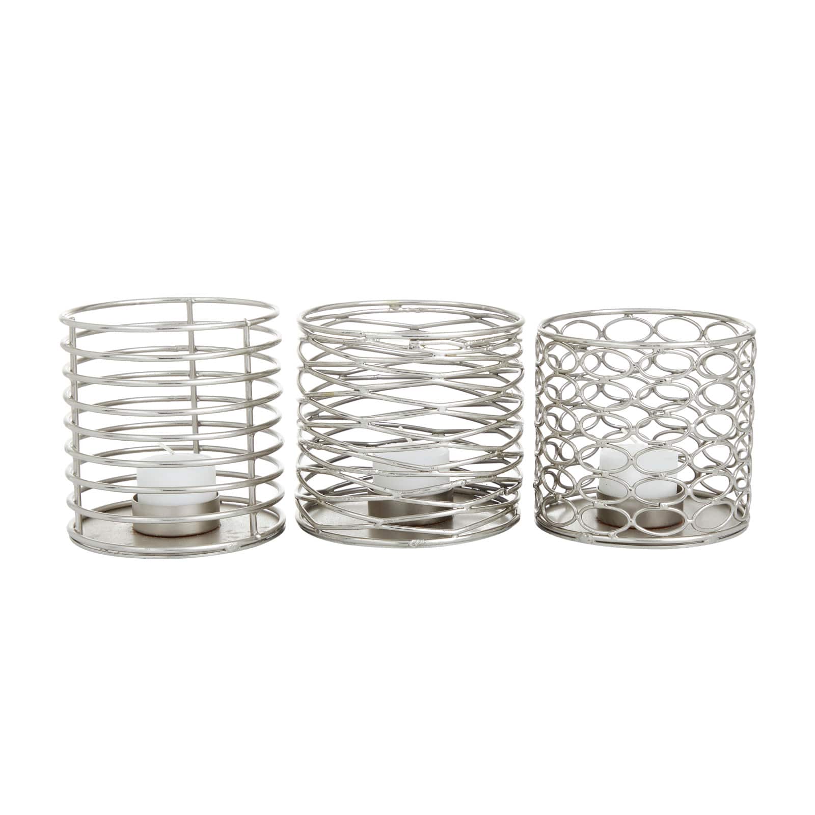 Set of 3 Silver Iron Modern Candle Holders, 4&#x22; x 4&#x22; x 4&#x22;