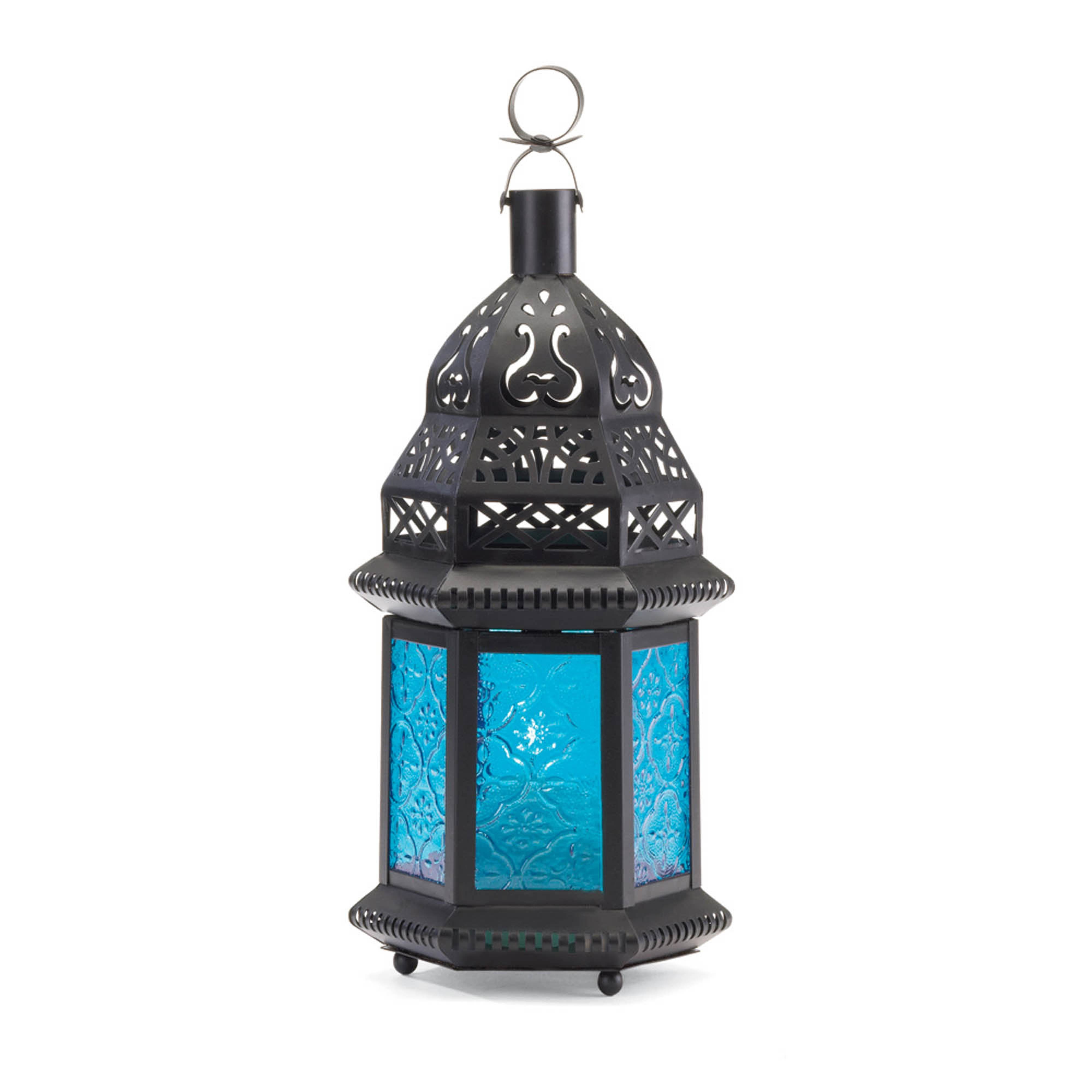 10&#x22; Black Moroccan Style Hanging Candle Lantern with Etched Blue Glass