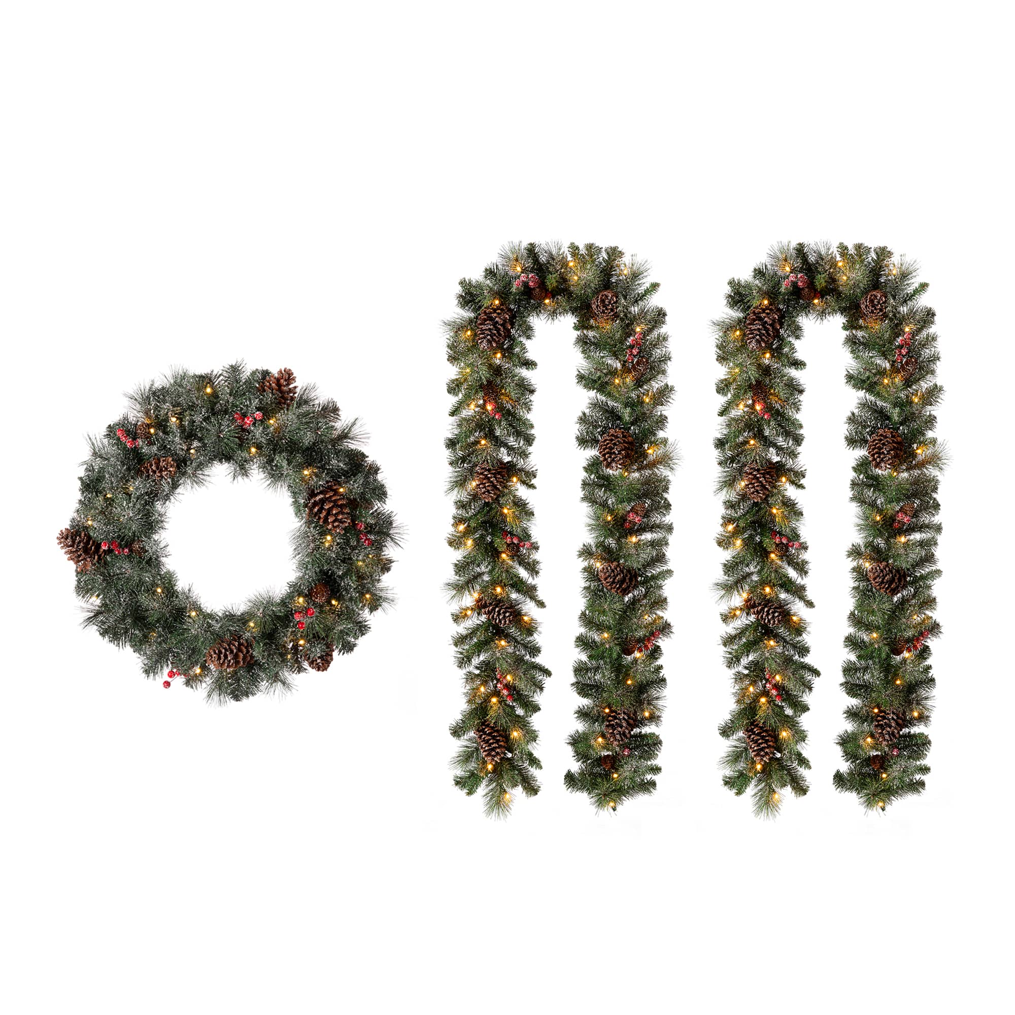 Glitzhome&#xAE; 24&#x22; Pre-Lit Glittered Pinecone Christmas Wreath &#x26; Matched 9ft. Garlands Set