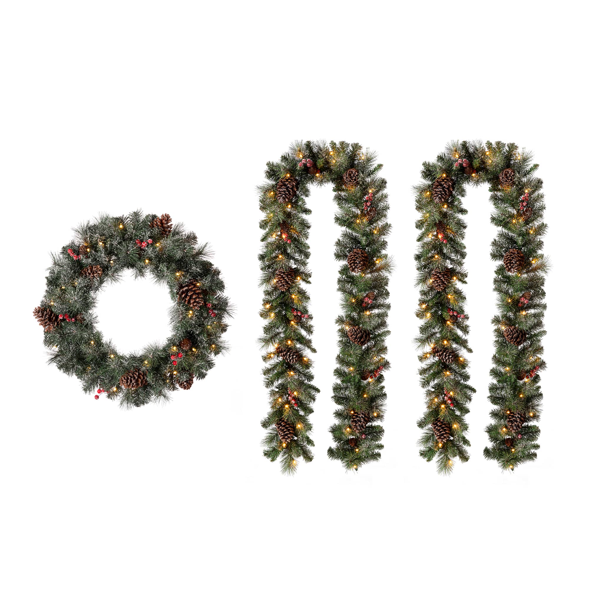 Glitzhome® 24" Pre-Lit Glittered Pinecone Christmas Wreath & Matched 9ft. Garlands Set