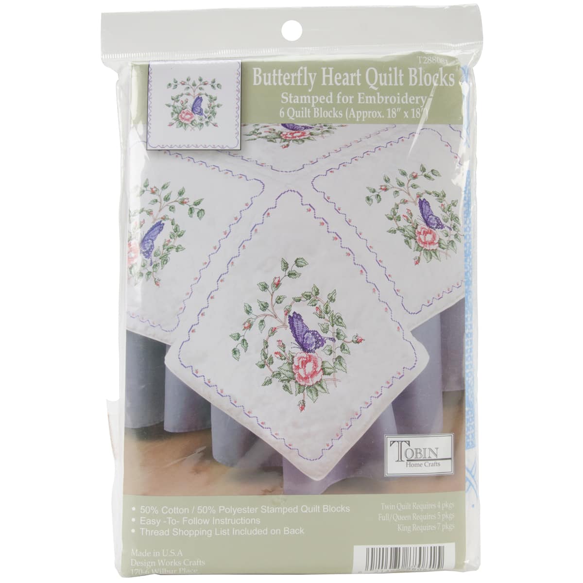 Tobin Stamped For Embroidery Butterfly Heart Quilt Block Set