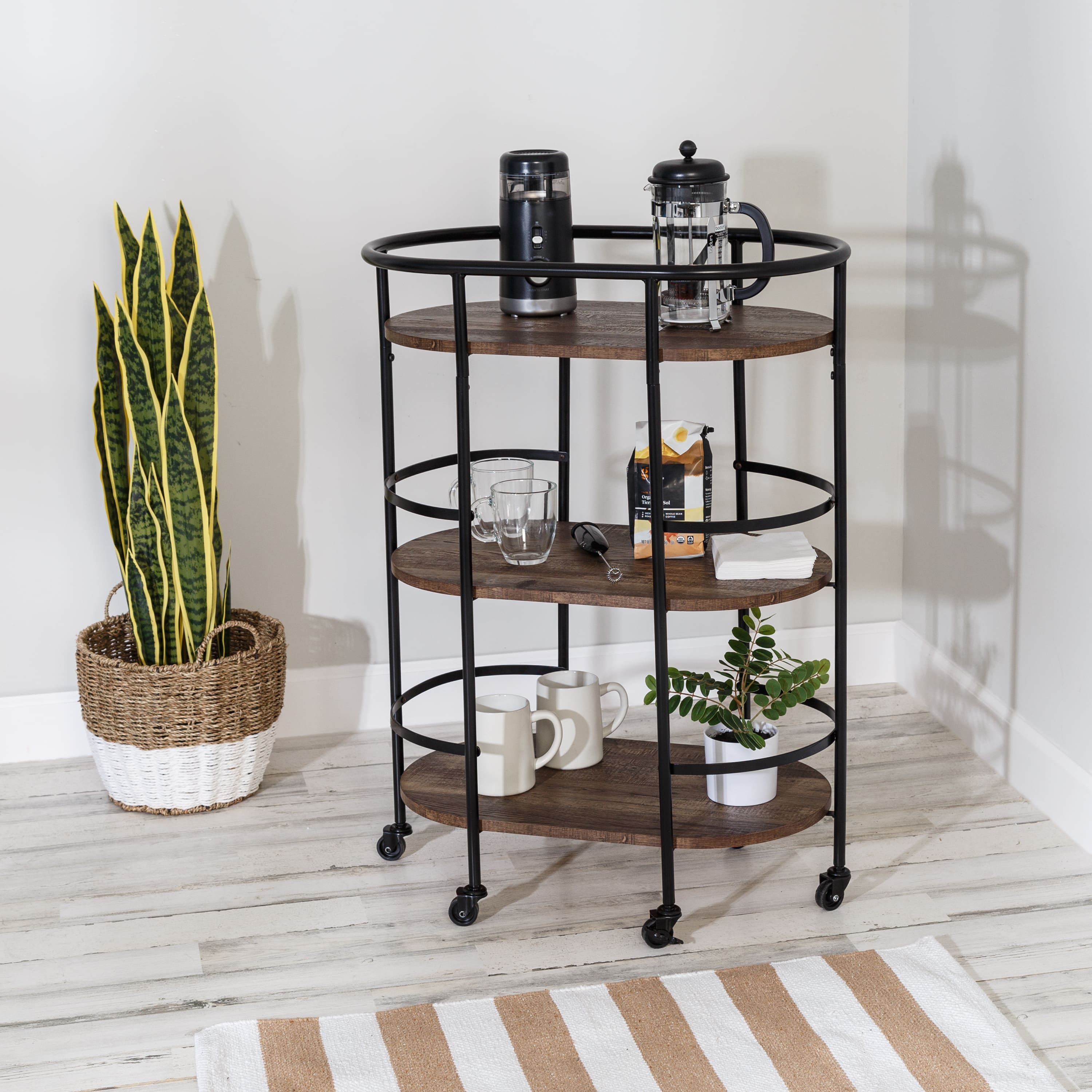 Honey Can Do 3-Tier Black &#x26; Rustic Brown Rolling Bar &#x26; Serving Cart