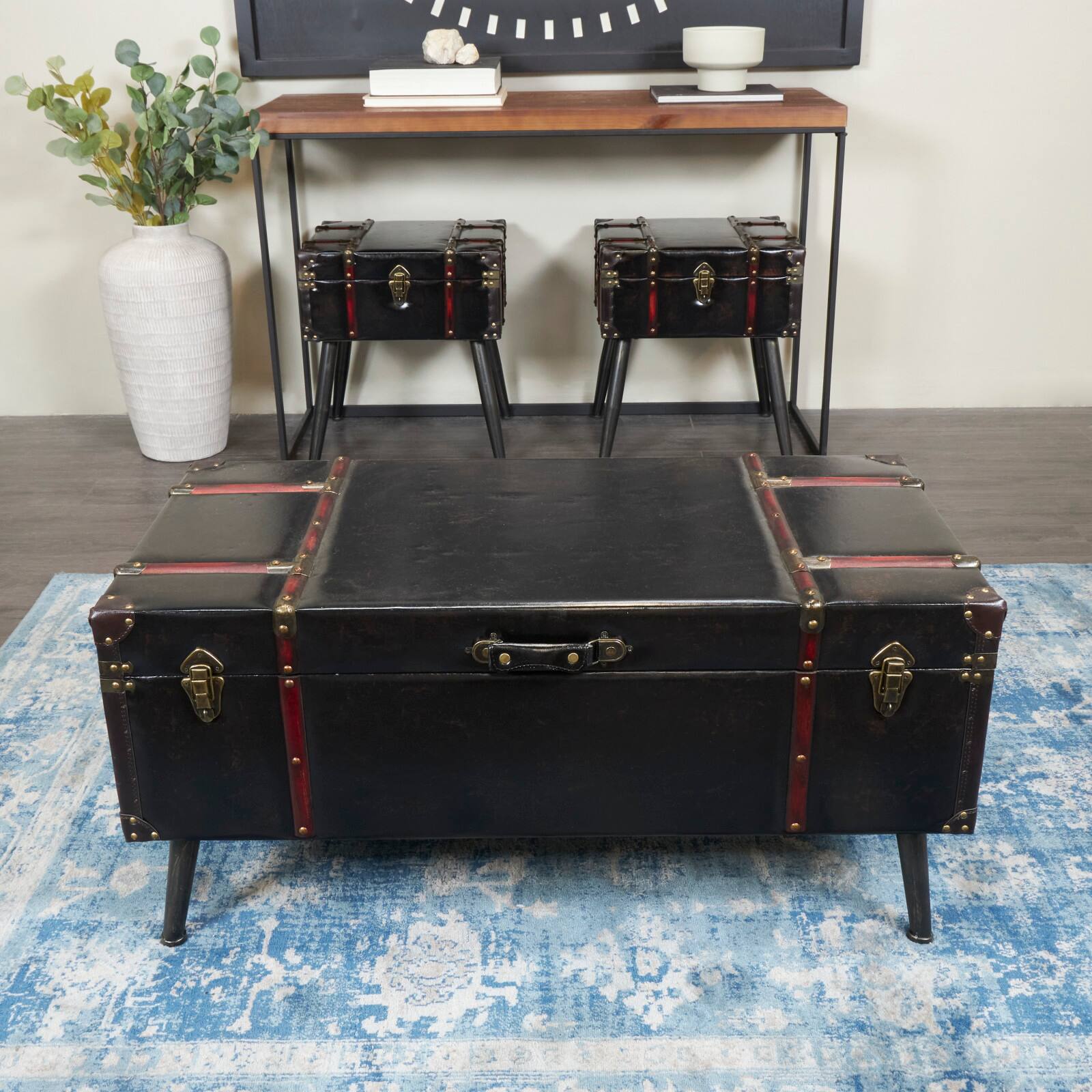 Black Faux Leather Studded Coffee Table Set