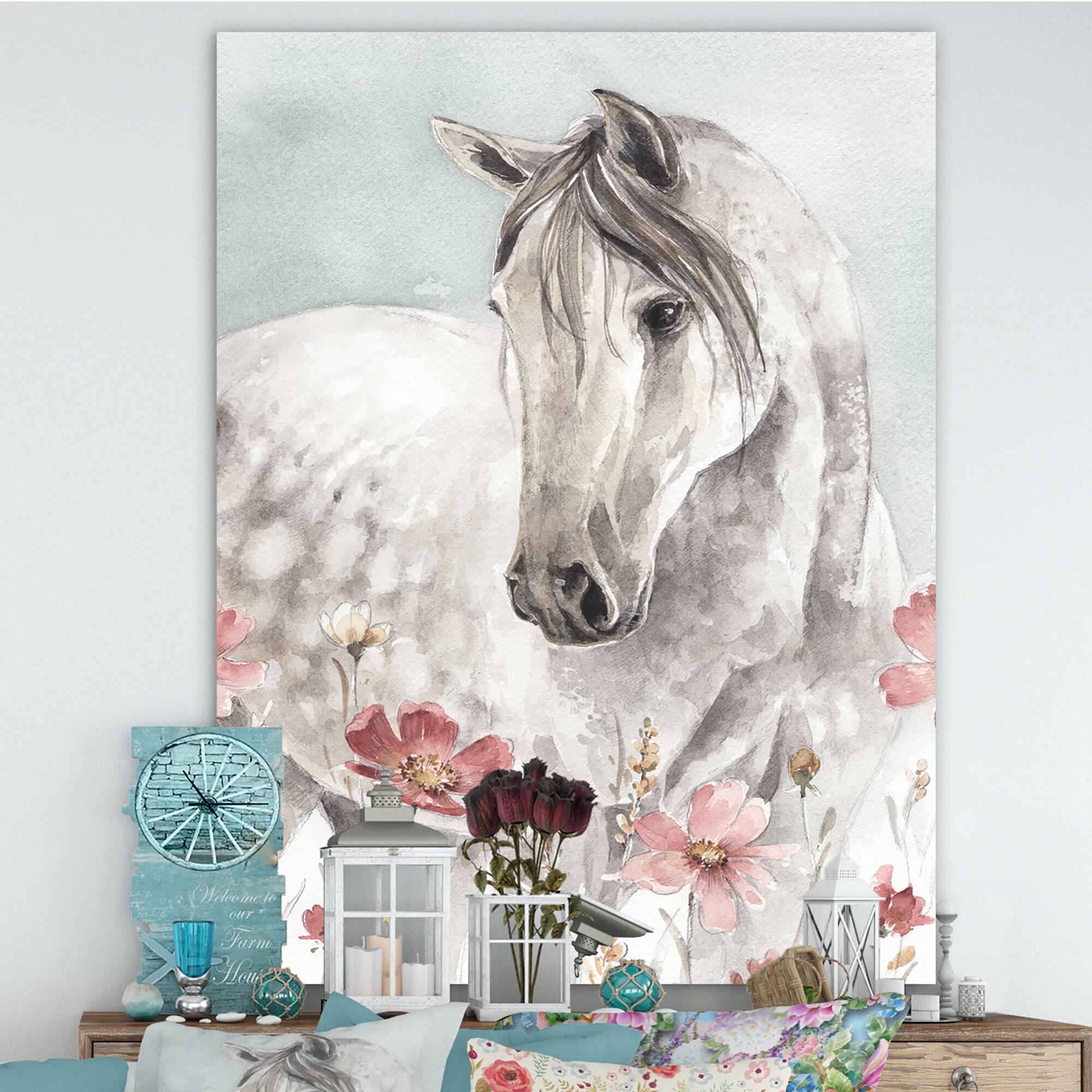 Designart - watercolors Pink Wild Horses II - Farmhouse Premium Canvas Wall Art
