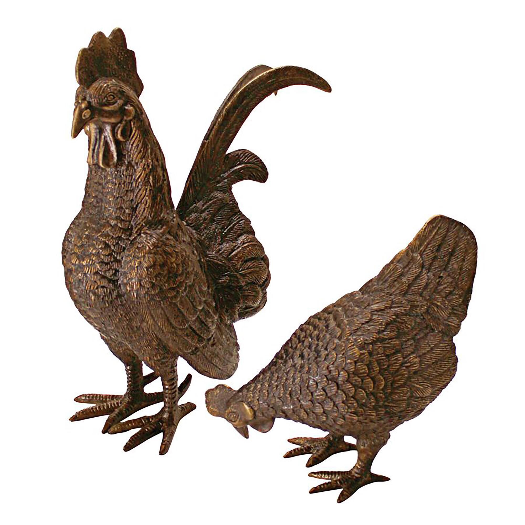 Design Toscano Barnyard Rooster &#x26; Hen Solid Cast Bronze Garden Statue Set
