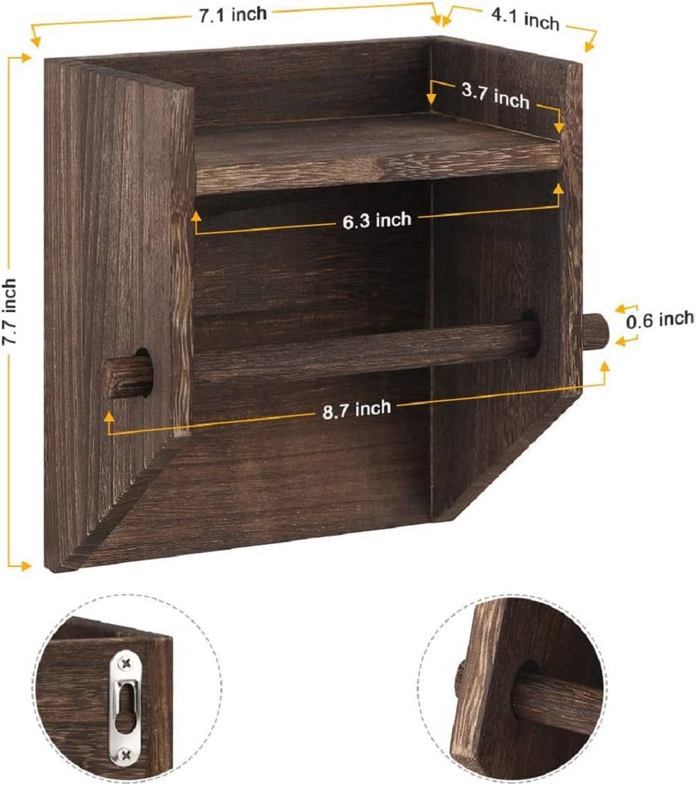 Rustic Brown Wood Toilet Paper Holder Wall Mount with Shelf