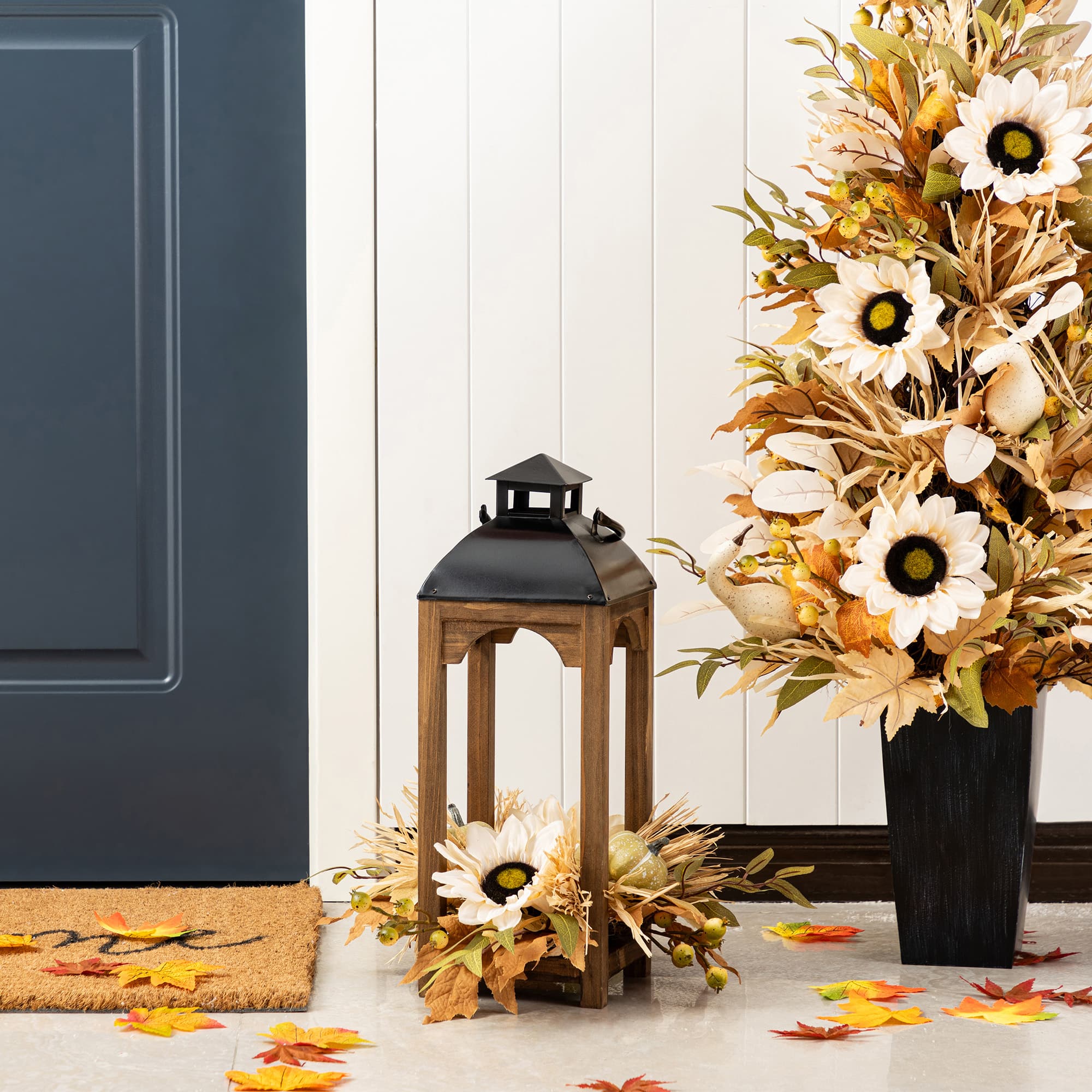 Glitzhome® 20" Fall Neutral Sunflower, Pumpkin and Leaf Wood Lantern Centerpiece